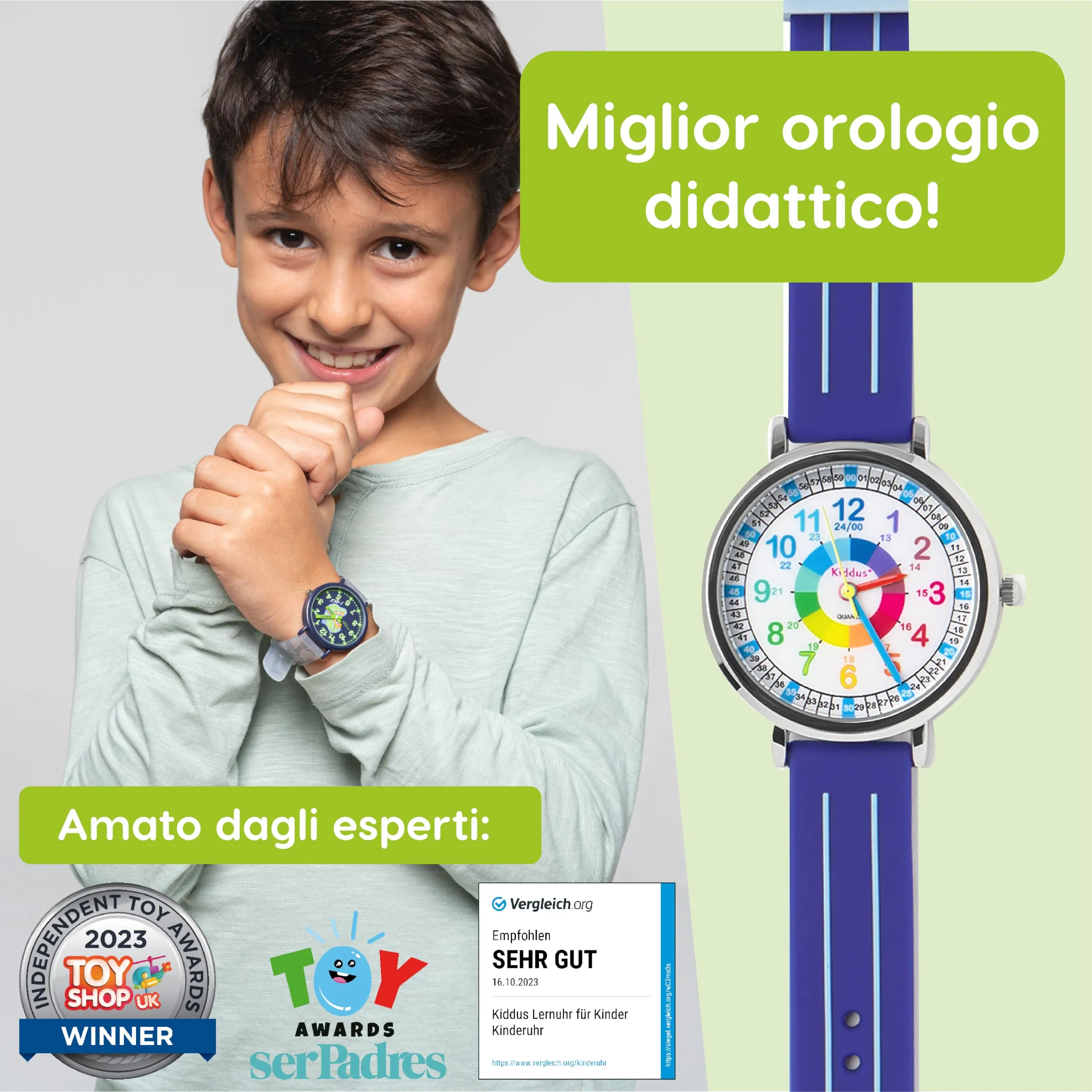 Kiddus Orologio Educativo Analogico per Bambini 5-10 Anni, 3ATM e 5ATM, Blu - immagine 4