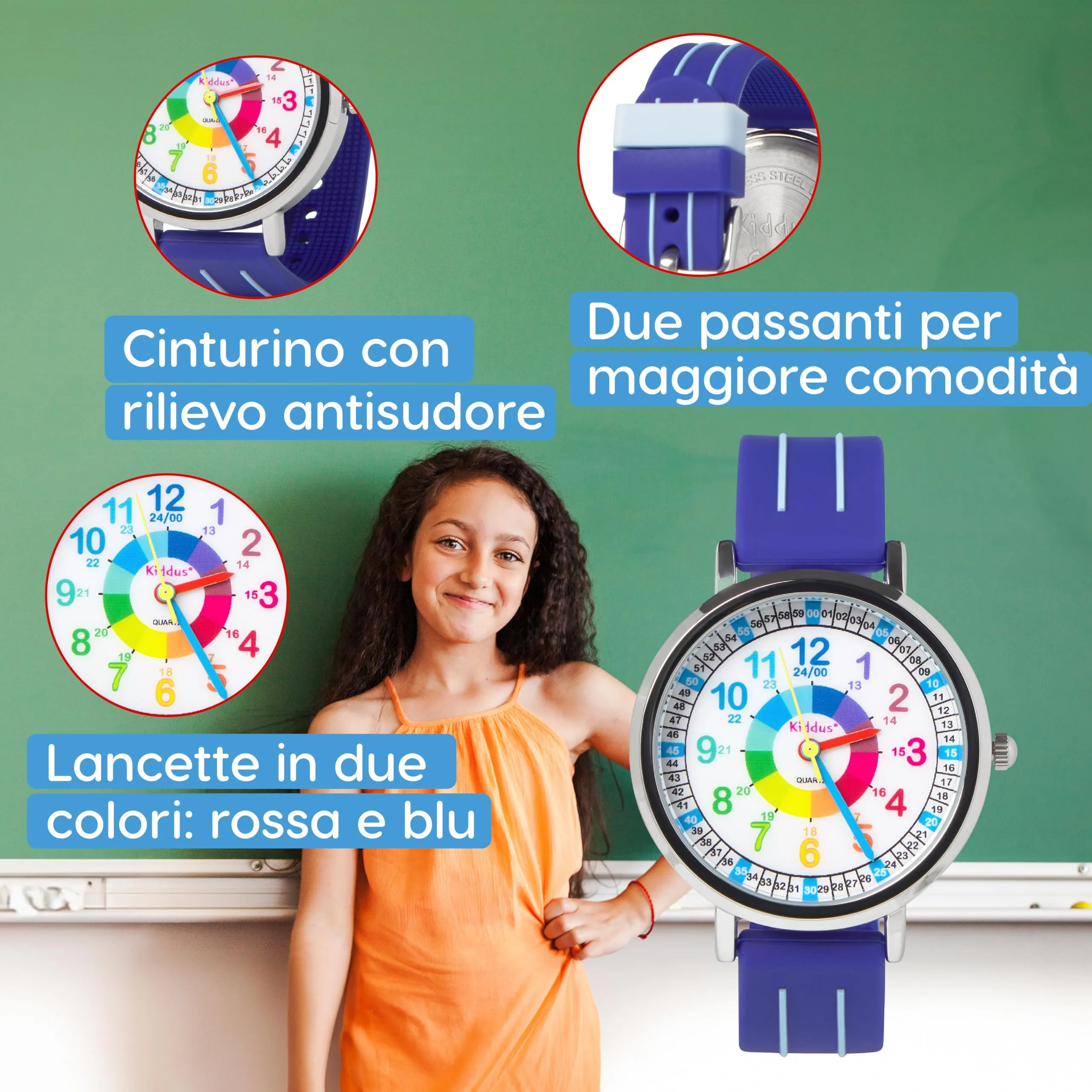Kiddus Orologio Educativo Analogico per Bambini 5-10 Anni, 3ATM e 5ATM, Blu - immagine 5