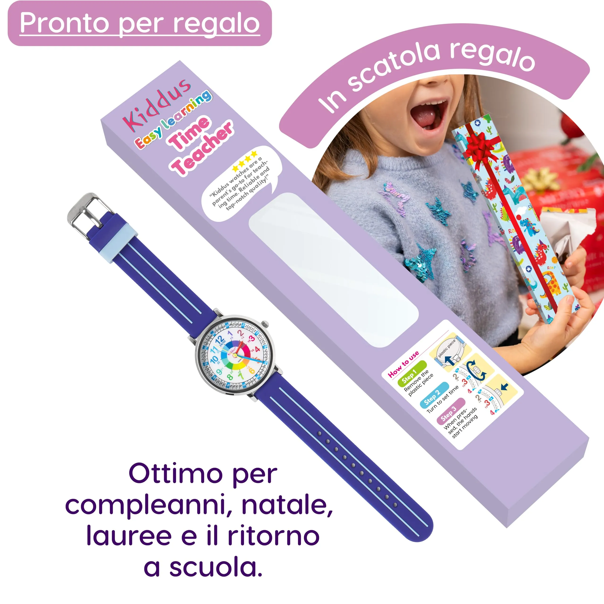 Kiddus Orologio Educativo Analogico per Bambini 5-10 Anni, 3ATM e 5ATM, Blu - immagine 6