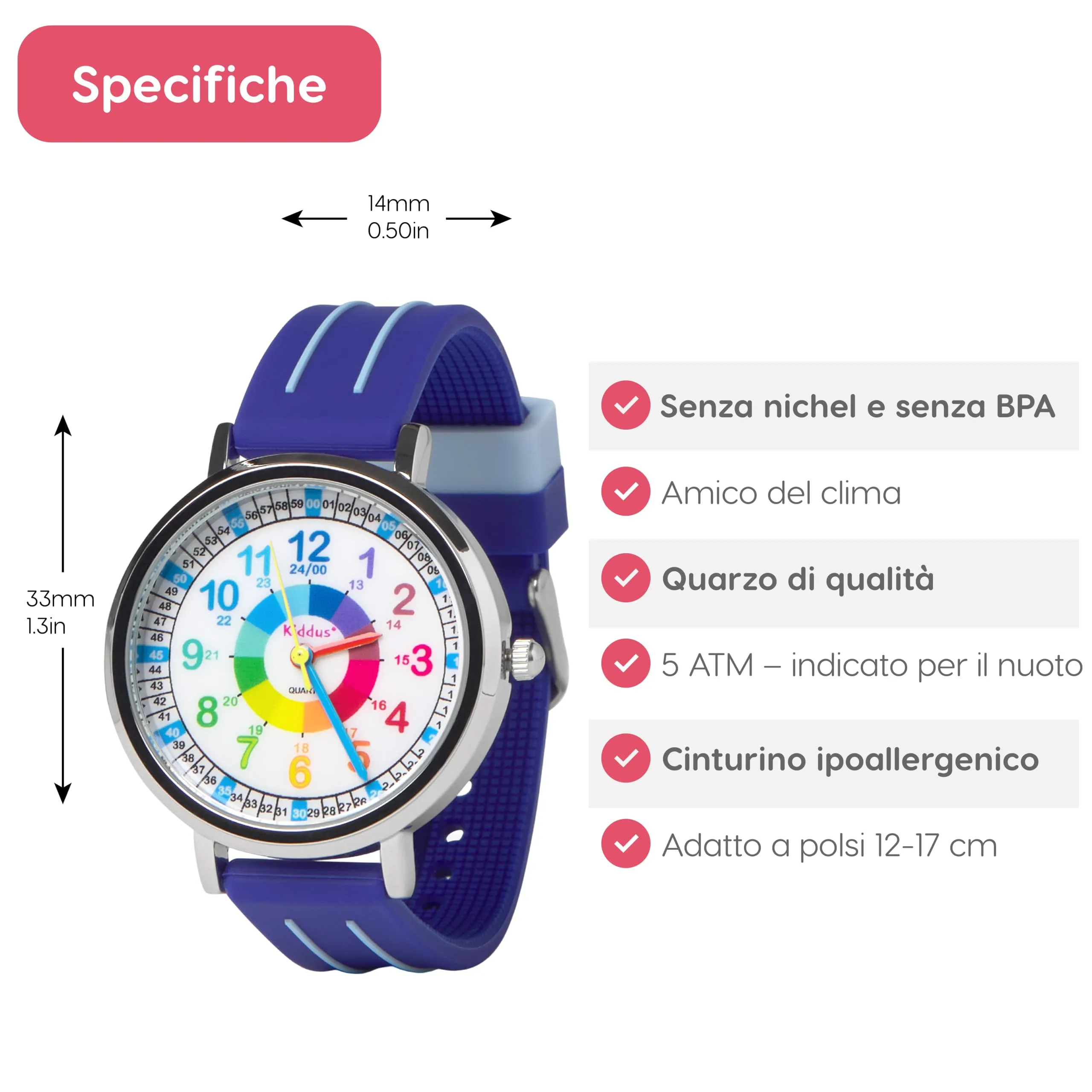 Kiddus Orologio Educativo Analogico per Bambini 5-10 Anni, 3ATM e 5ATM, Blu - immagine 7