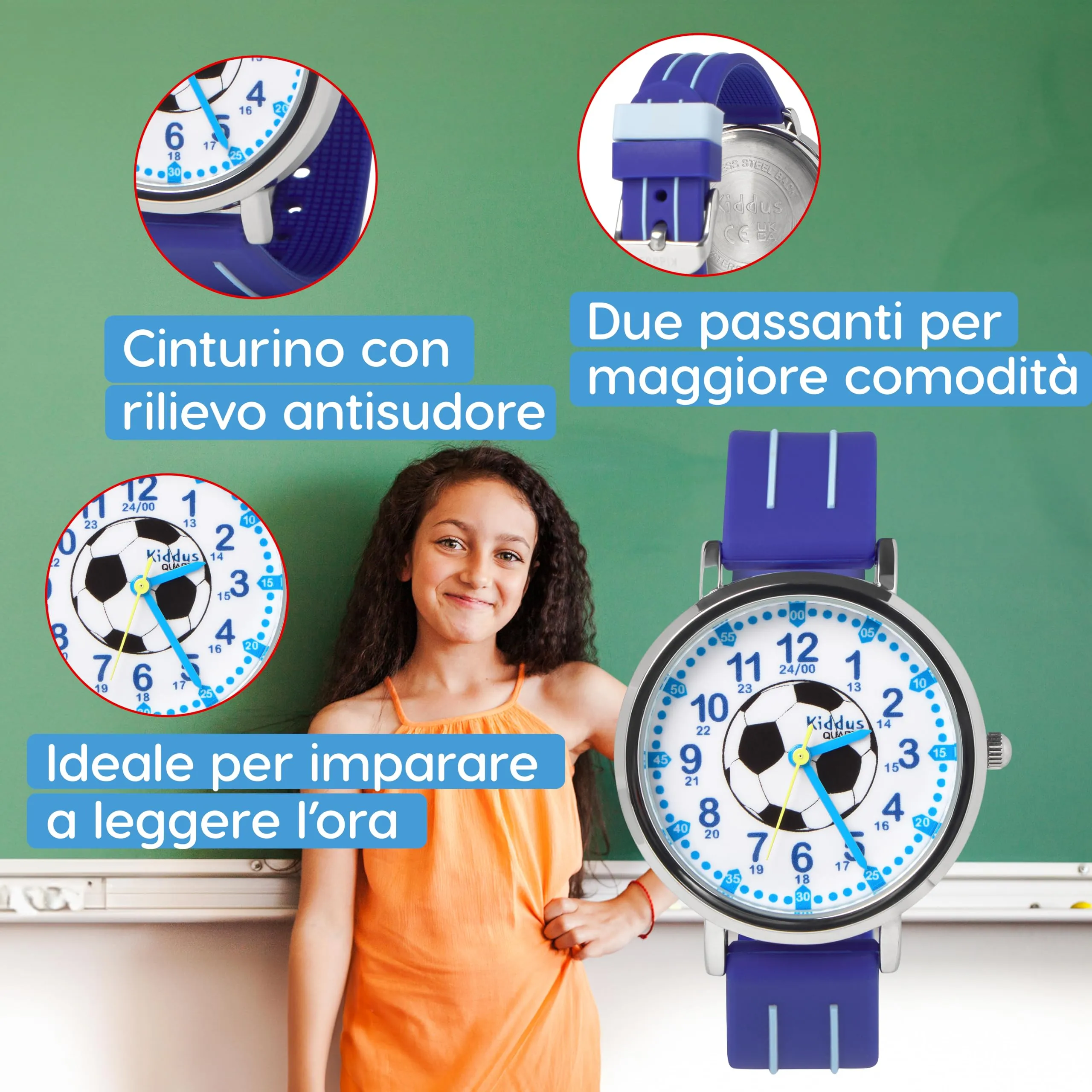 Kiddus Orologio Educativo Analogico per Bambini 5-10 Anni, Modello Calcio - immagine 5