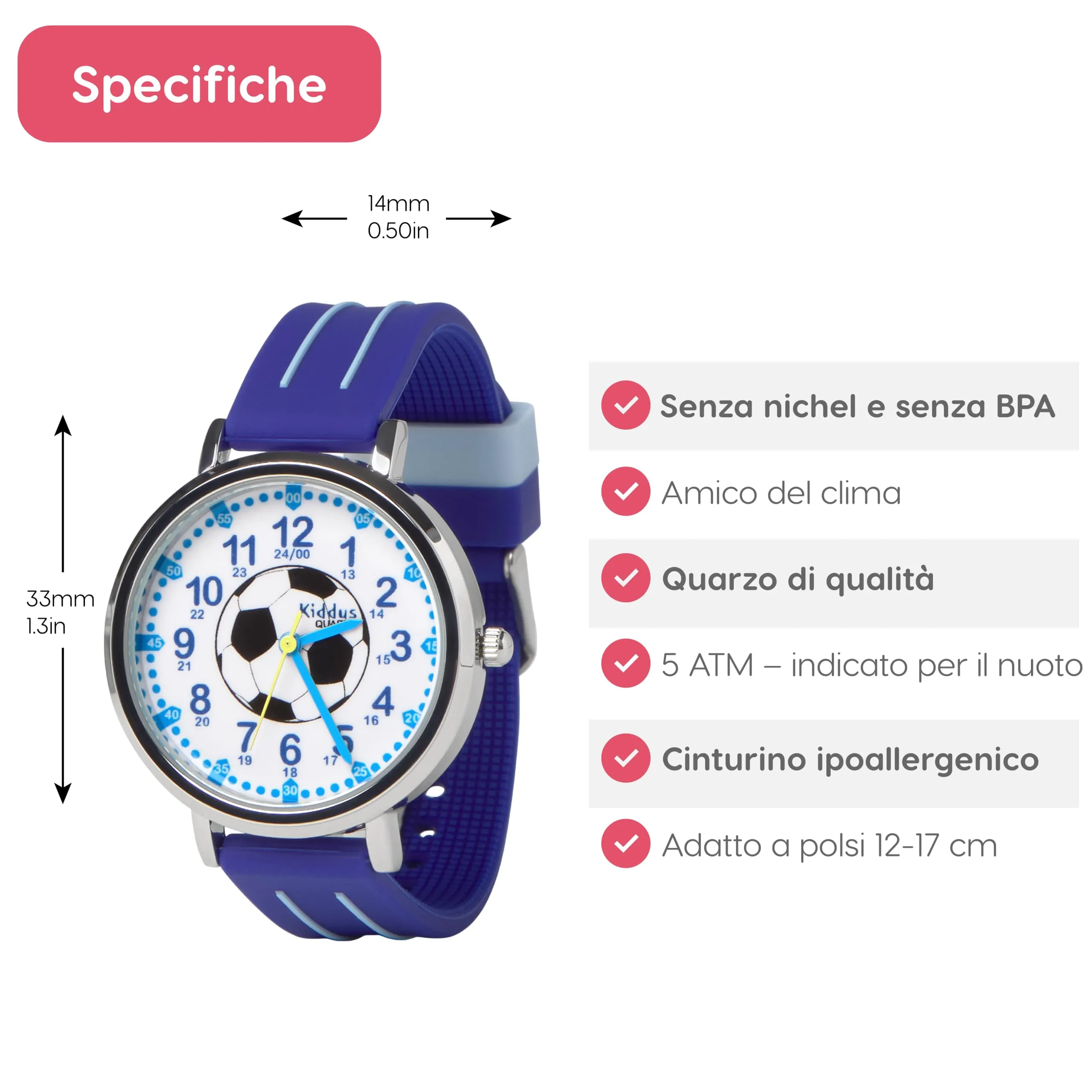 Kiddus Orologio Educativo Analogico per Bambini 5-10 Anni, Modello Calcio - immagine 7