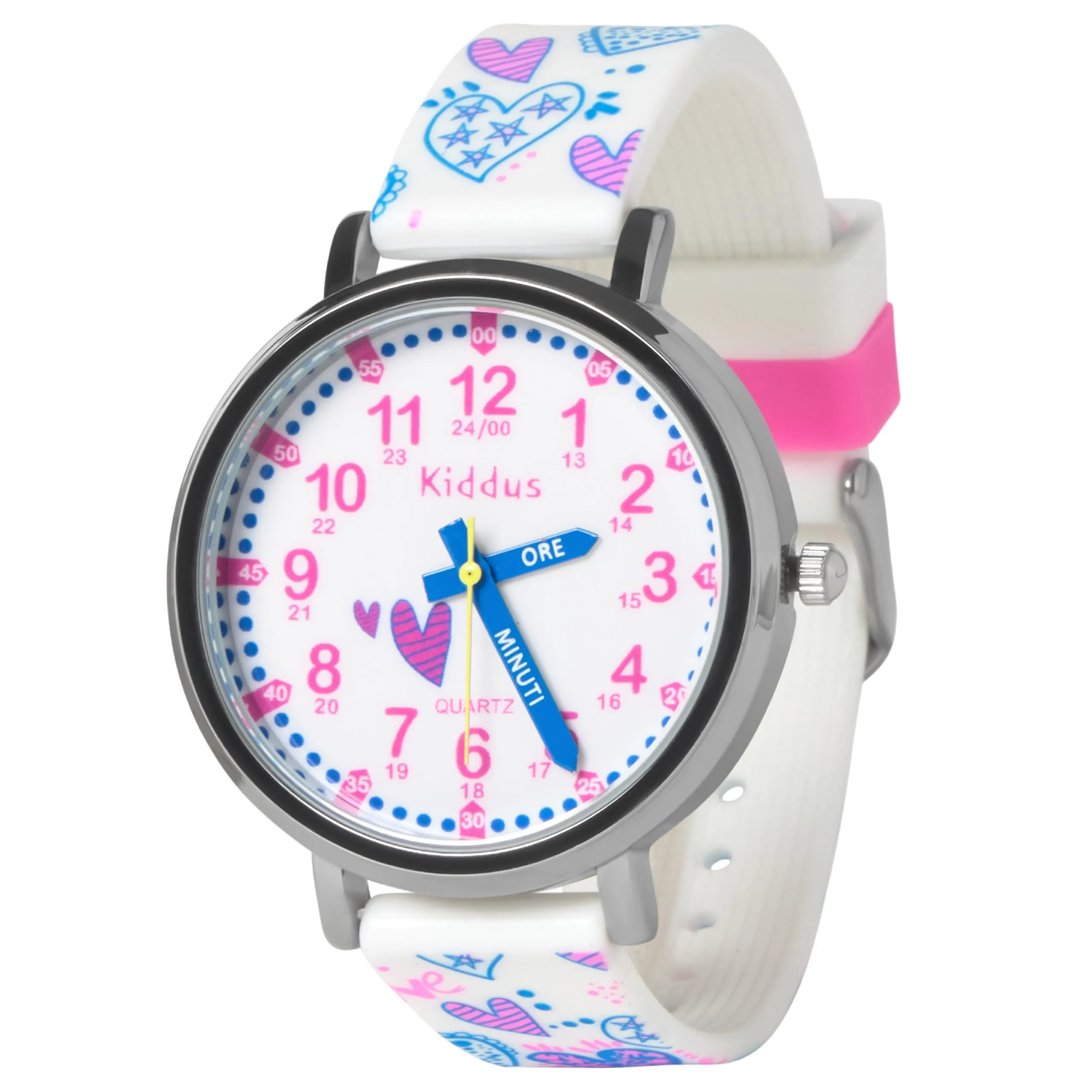 Kiddus Orologio Educativo Analogico per Bambini 5-10 Anni, Impermeabile 5ATM, Movimento Giapponese, Cuori - immagine 1