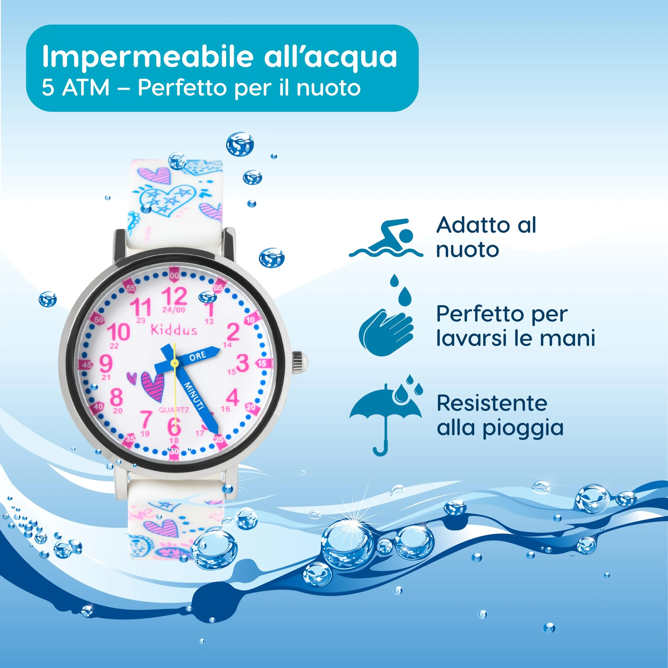 Kiddus Orologio Educativo Analogico per Bambini 5-10 Anni, Impermeabile 5ATM, Movimento Giapponese, Cuori - immagine 3
