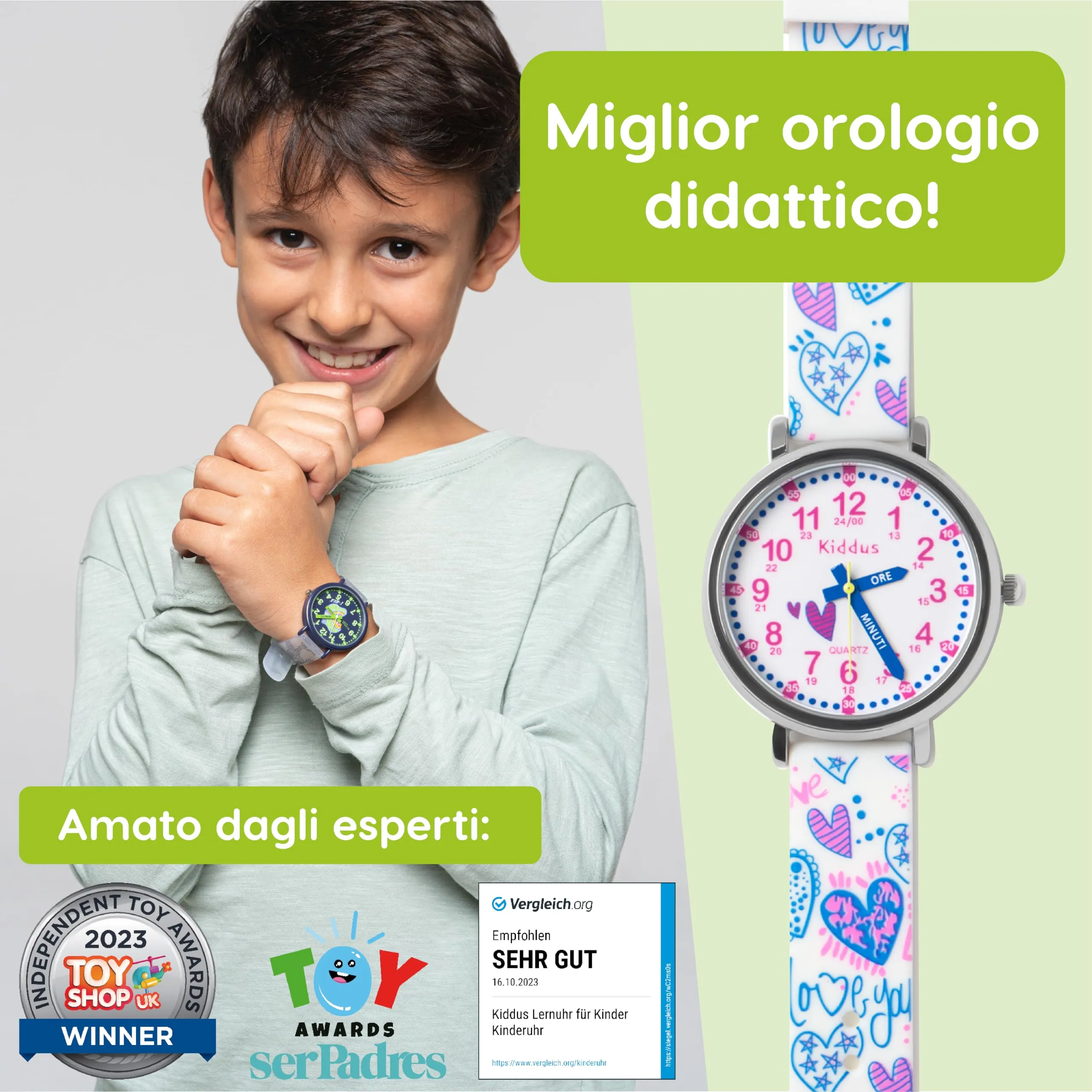 Kiddus Orologio Educativo Analogico per Bambini 5-10 Anni, Impermeabile 5ATM, Movimento Giapponese, Cuori - immagine 4