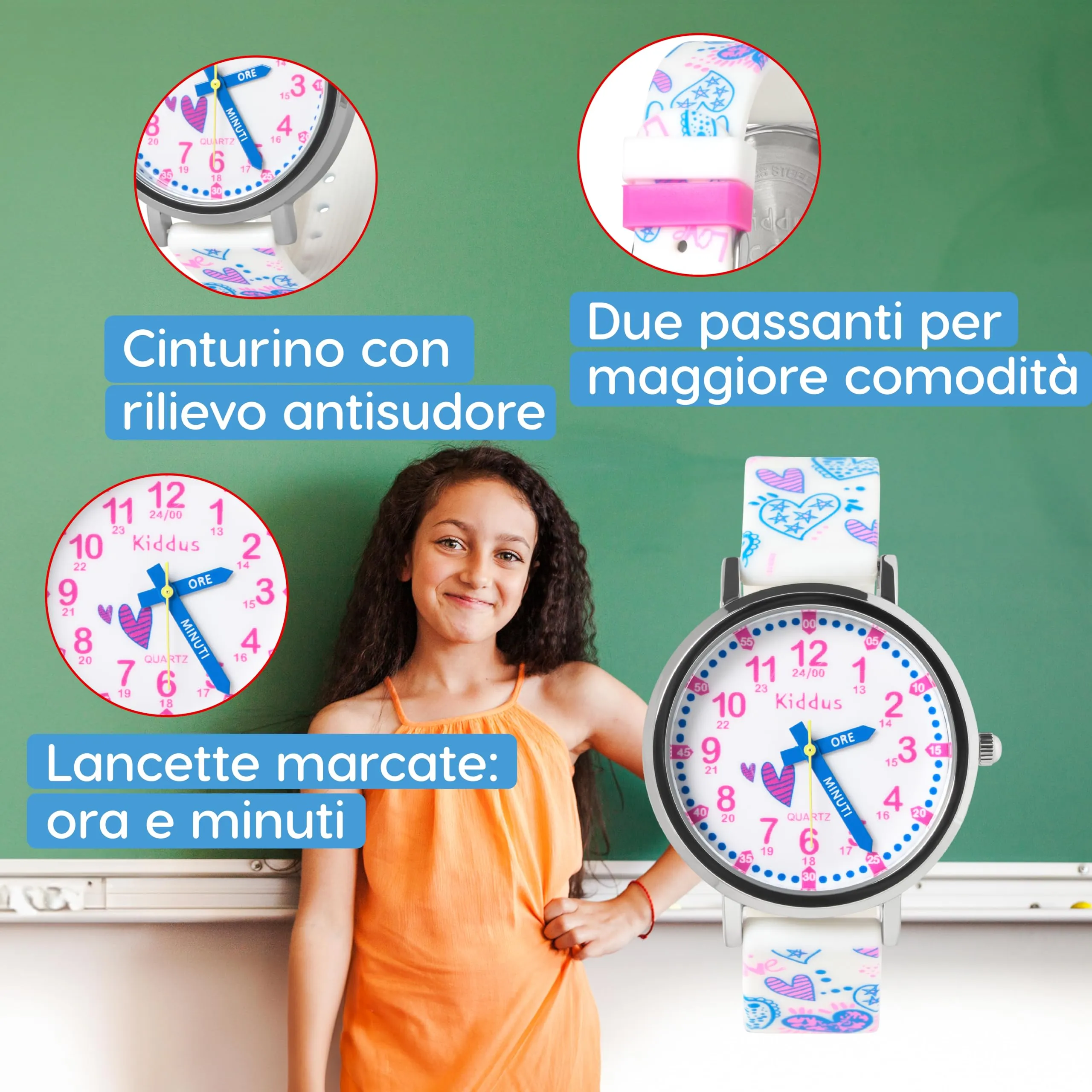 Kiddus Orologio Educativo Analogico per Bambini 5-10 Anni, Impermeabile 5ATM, Movimento Giapponese, Cuori - immagine 5
