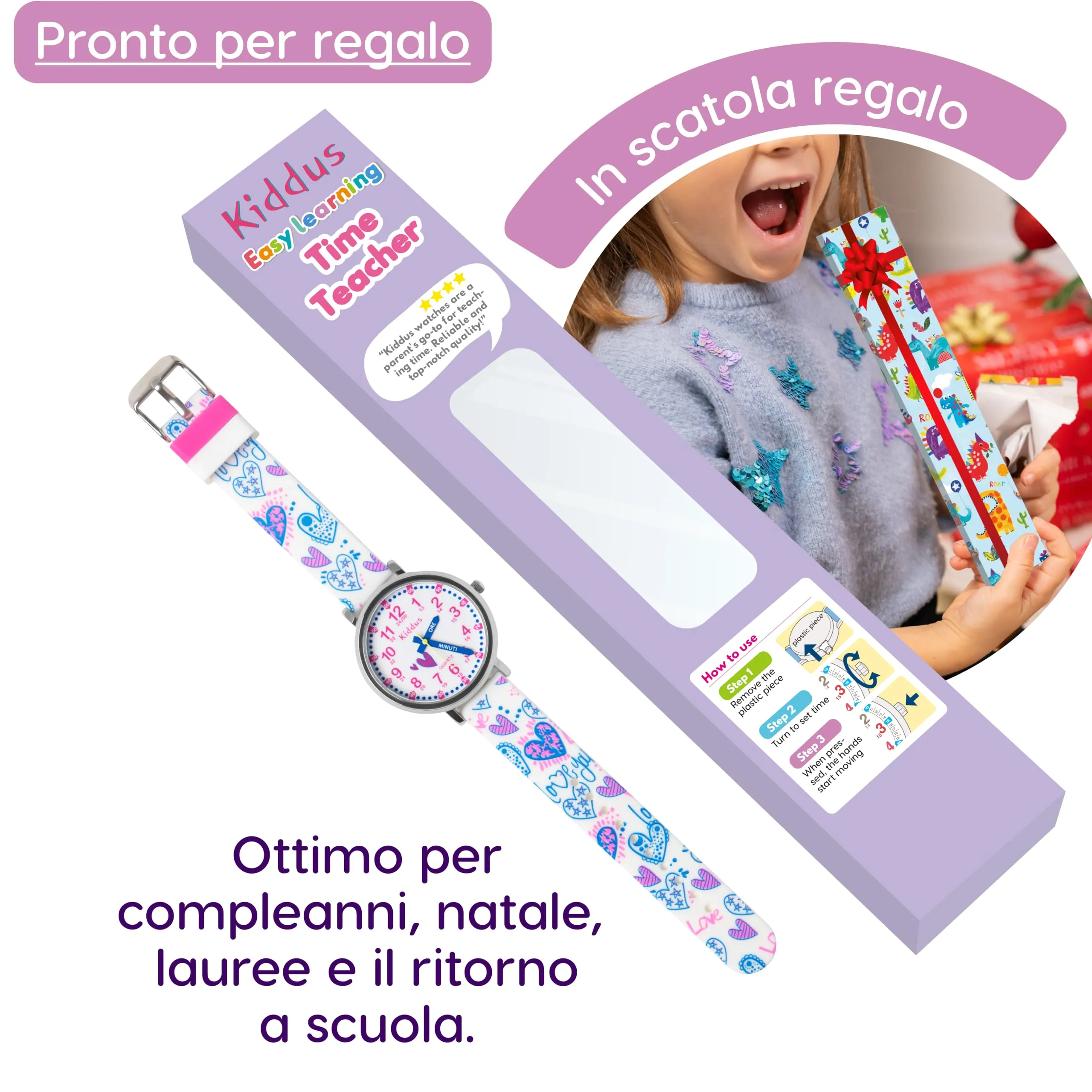 Kiddus Orologio Educativo Analogico per Bambini 5-10 Anni, Impermeabile 5ATM, Movimento Giapponese, Cuori - immagine 6