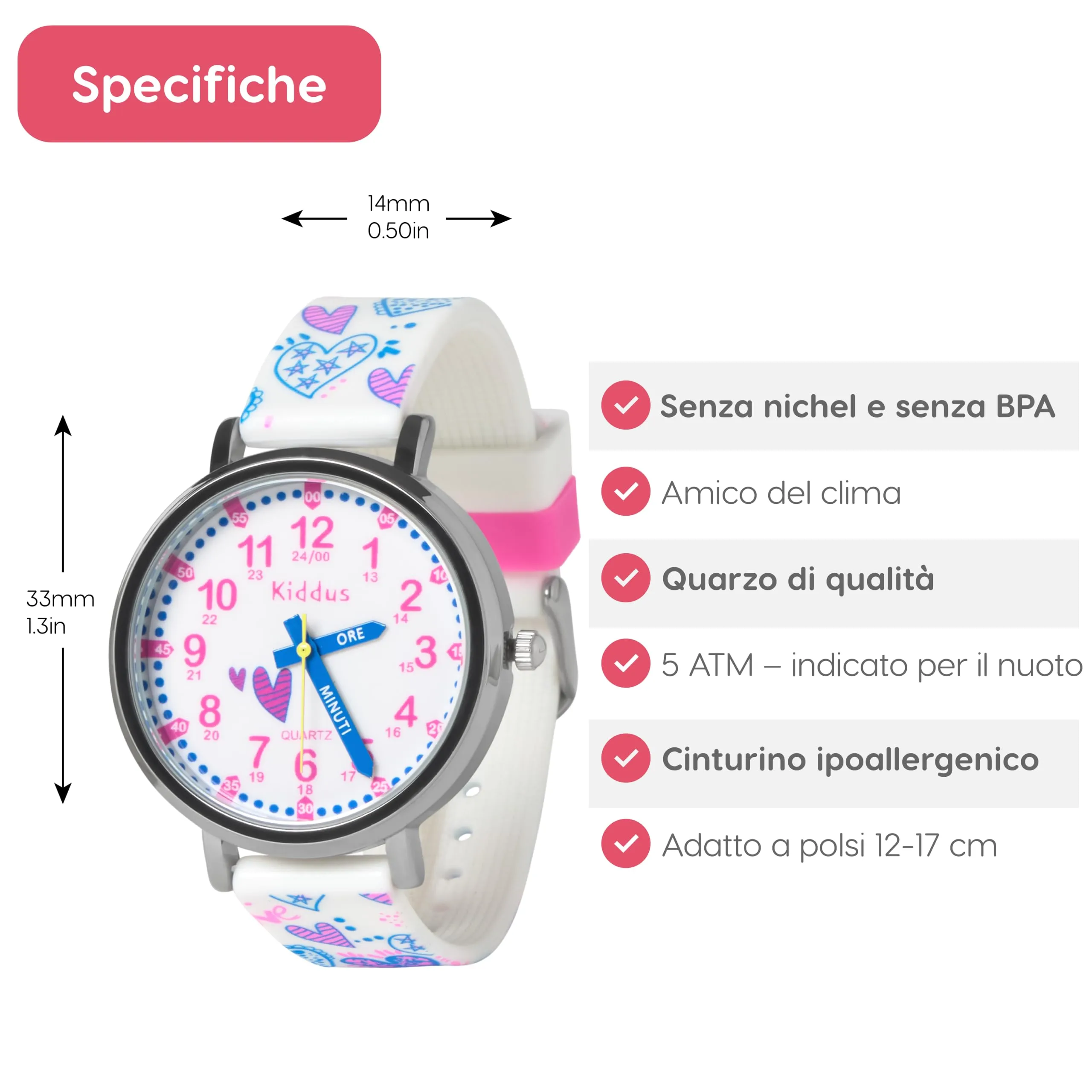 Kiddus Orologio Educativo Analogico per Bambini 5-10 Anni, Impermeabile 5ATM, Movimento Giapponese, Cuori - immagine 7