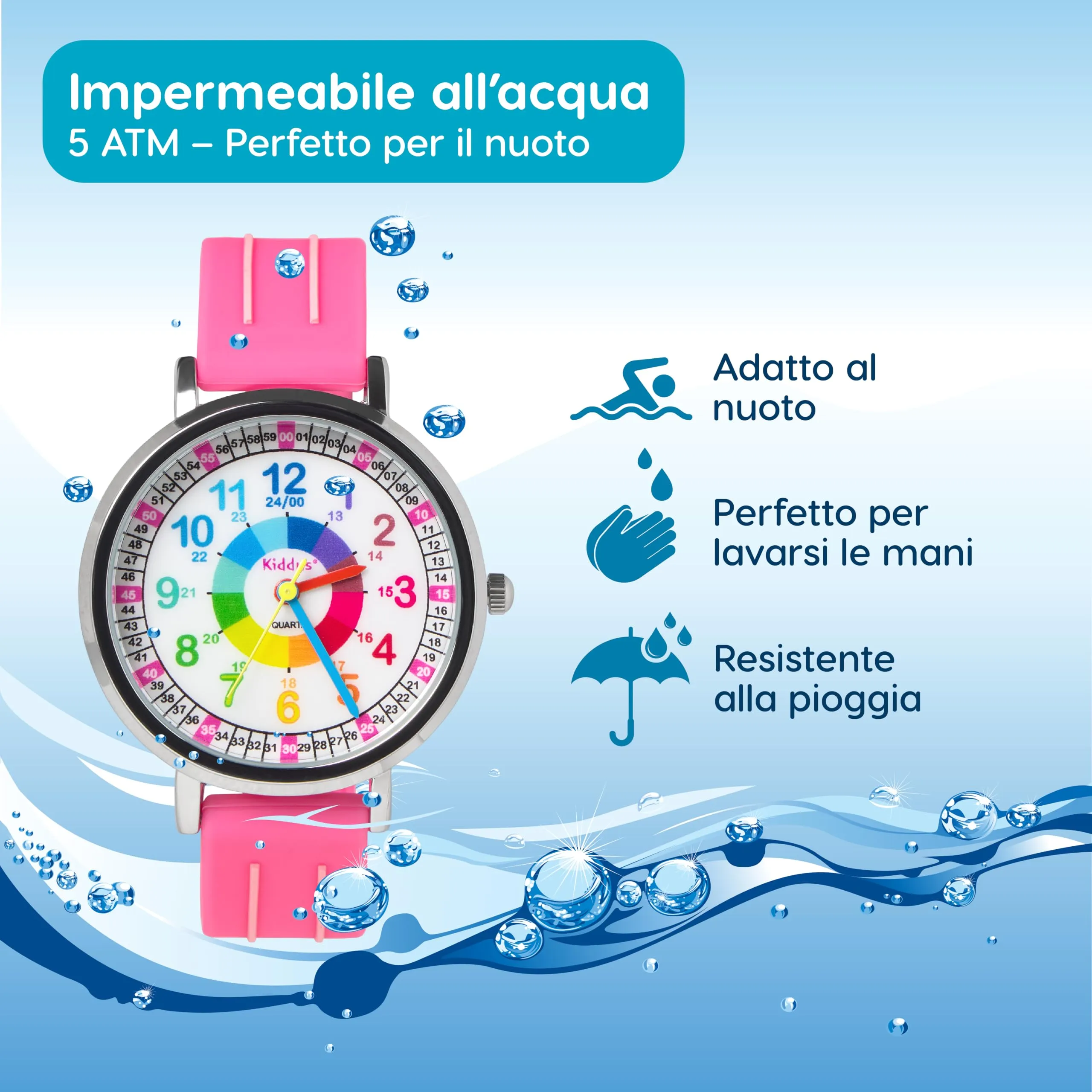 Kiddus Orologio Educativo Analogico per Bambini 5-10 Anni, Impermeabile 5ATM, Movimento Giapponese - immagine 2