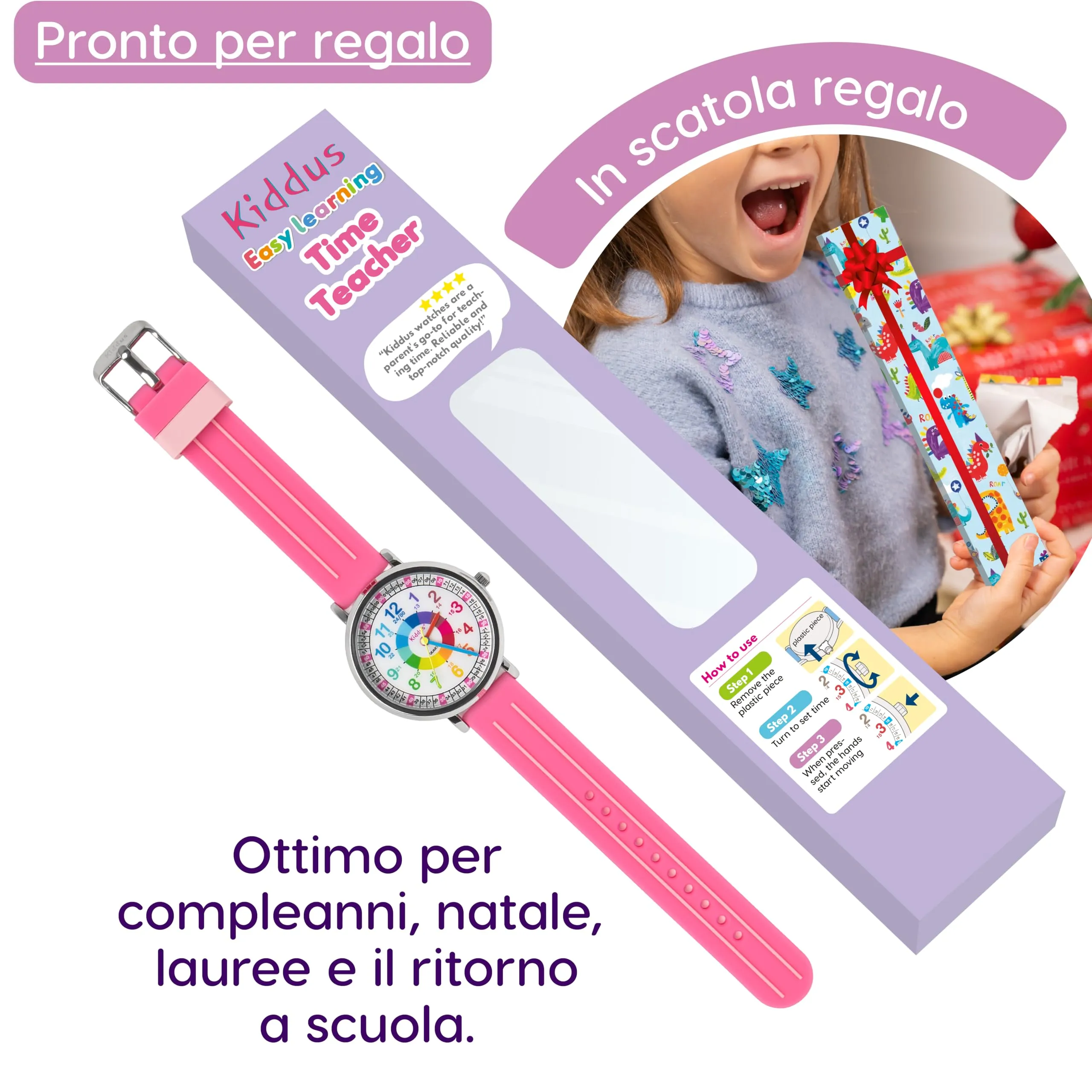 Kiddus Orologio Educativo Analogico per Bambini 5-10 Anni, Impermeabile 5ATM, Movimento Giapponese - immagine 5