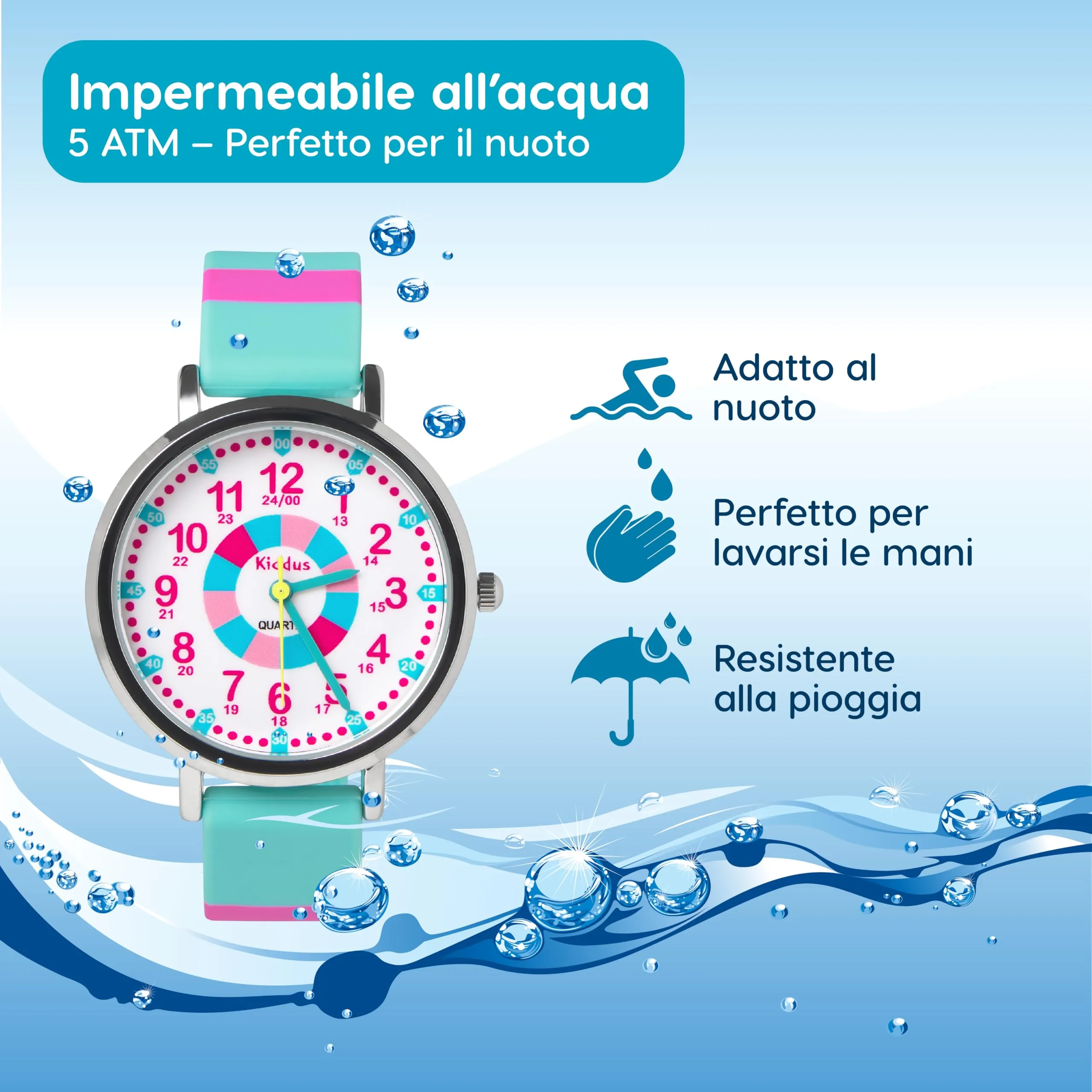 Kiddus Orologio Educativo Analogico per Bambini 5-10 Anni, Impermeabile 5ATM, Movimento Giapponese - immagine 2