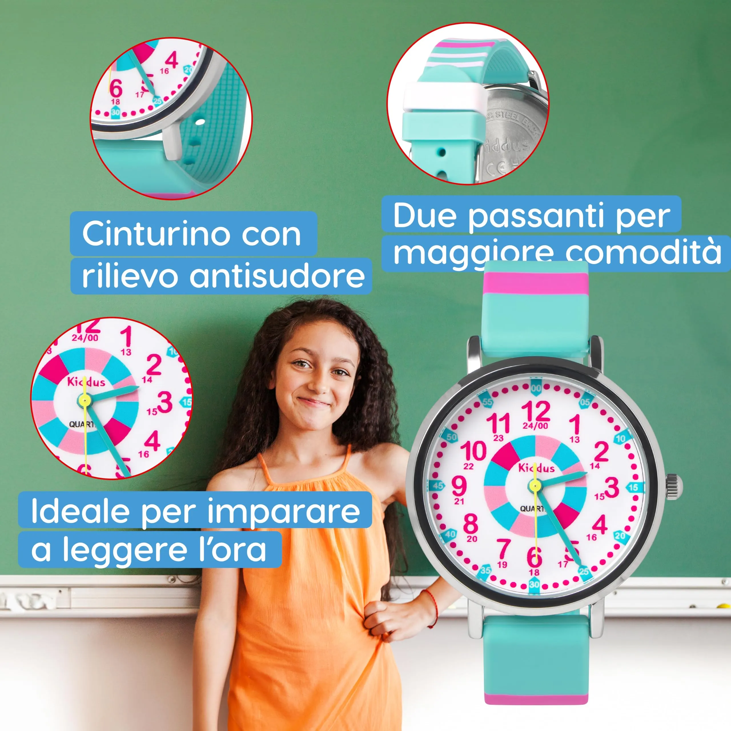 Kiddus Orologio Educativo Analogico per Bambini 5-10 Anni, Impermeabile 5ATM, Movimento Giapponese - immagine 4