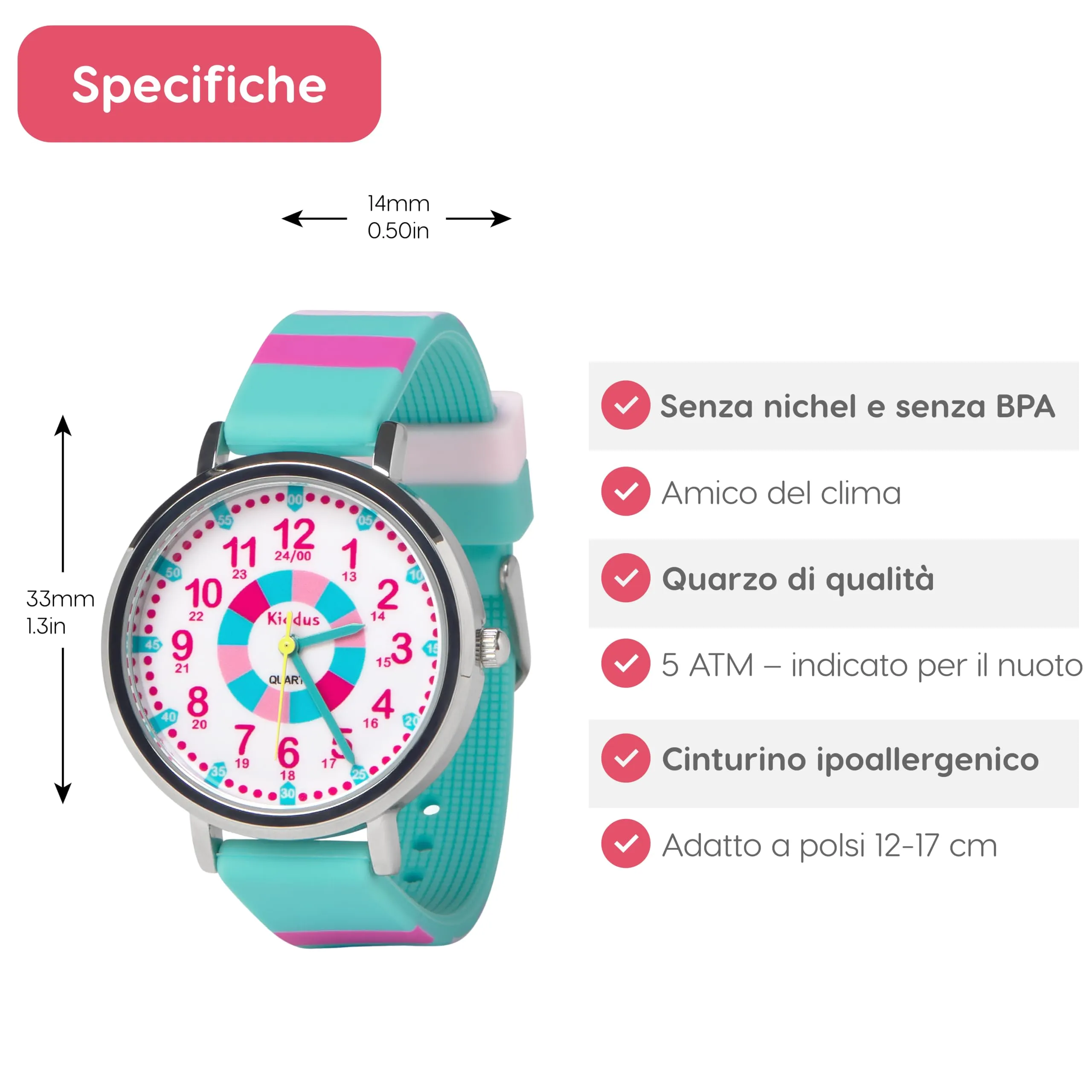 Kiddus Orologio Educativo Analogico per Bambini 5-10 Anni, Impermeabile 5ATM, Movimento Giapponese - immagine 5