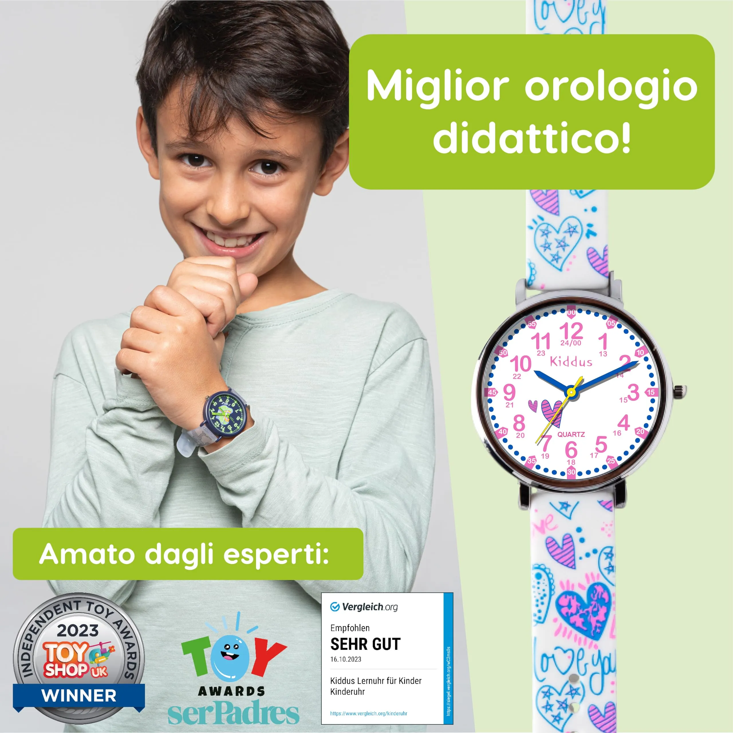Kiddus Orologio Educativo Analogico per Bambini 5-10 Anni, Impermeabile 5ATM, Movimento Giapponese, Cuori - immagine 3