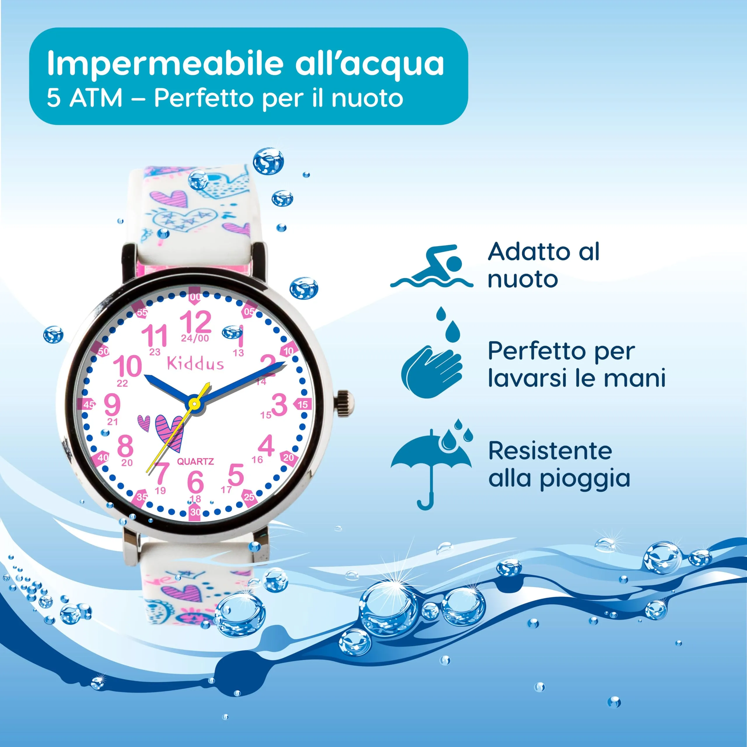Kiddus Orologio Educativo Analogico per Bambini 5-10 Anni, Impermeabile 5ATM, Movimento Giapponese, Cuori - immagine 4