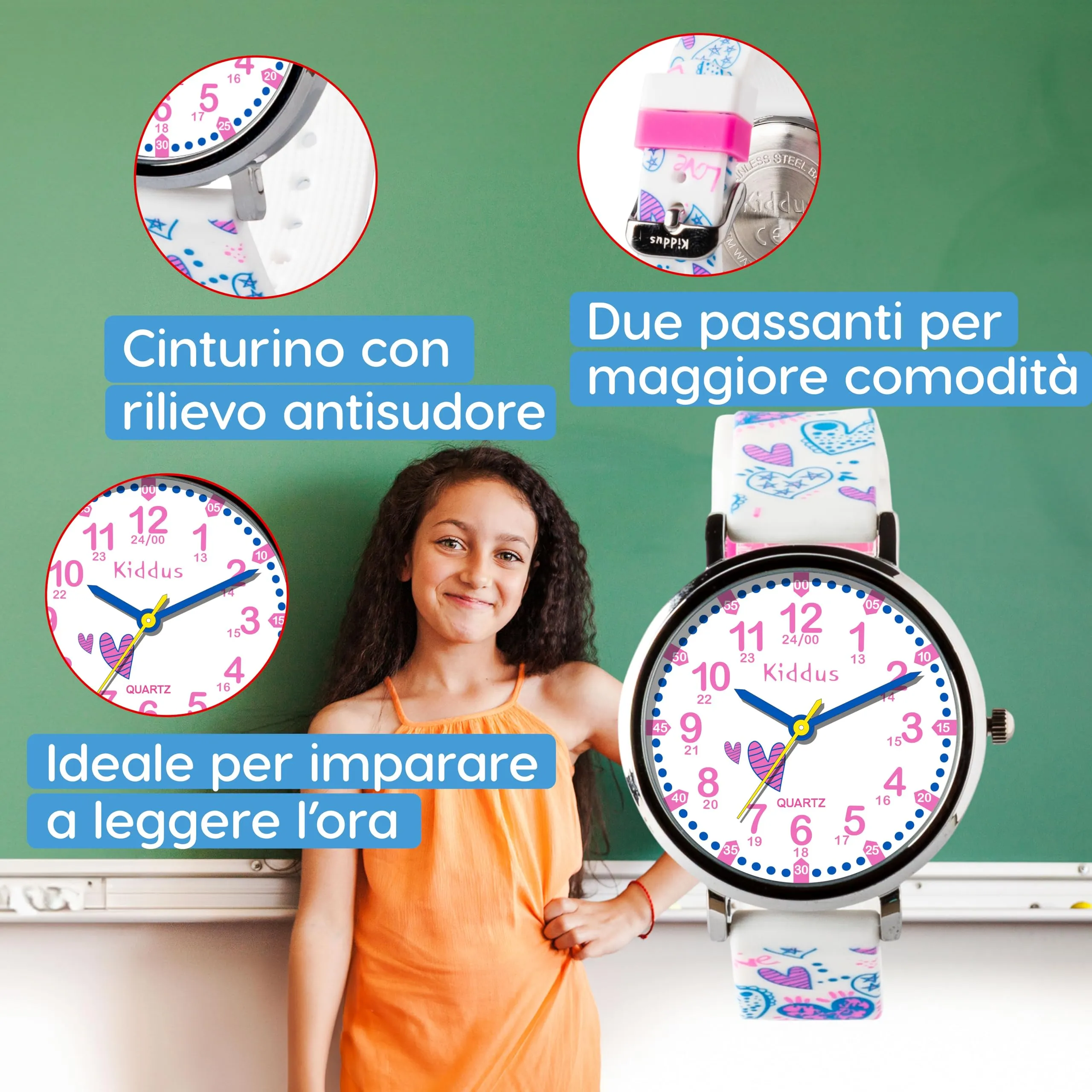 Kiddus Orologio Educativo Analogico per Bambini 5-10 Anni, Impermeabile 5ATM, Movimento Giapponese, Cuori - immagine 5