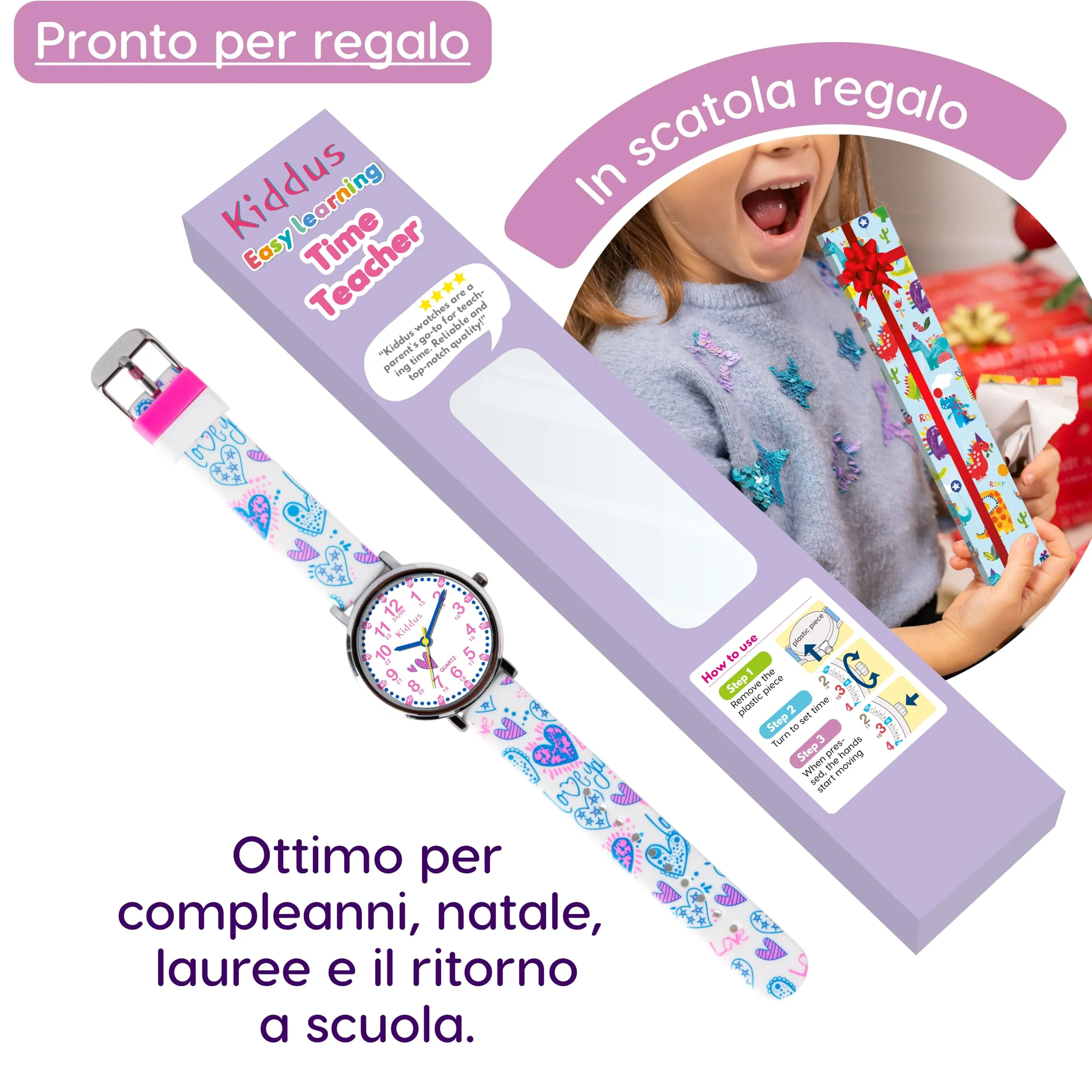 Kiddus Orologio Educativo Analogico per Bambini 5-10 Anni, Impermeabile 5ATM, Movimento Giapponese, Cuori - immagine 6
