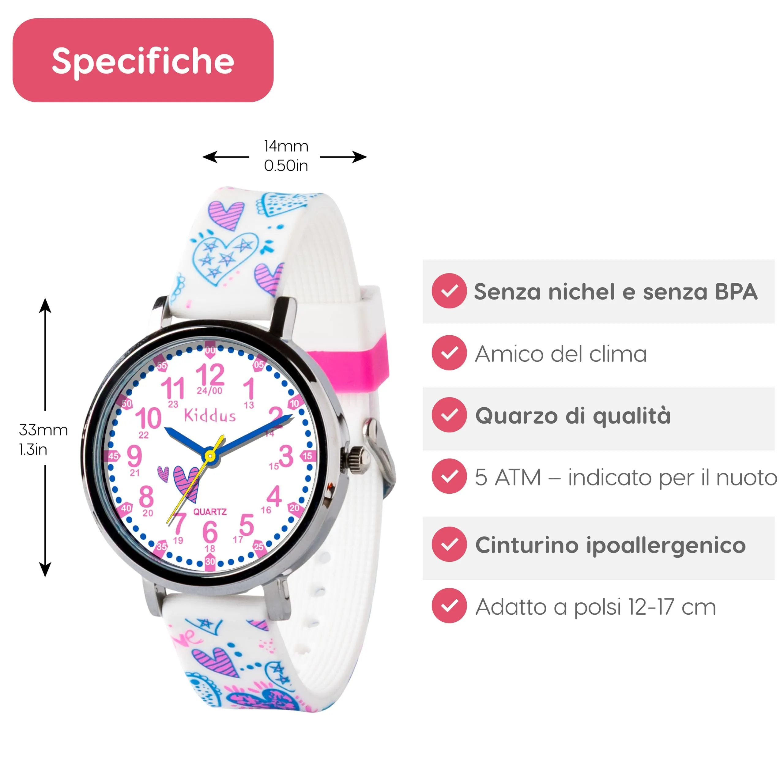 Kiddus Orologio Educativo Analogico per Bambini 5-10 Anni, Impermeabile 5ATM, Movimento Giapponese, Cuori - immagine 8