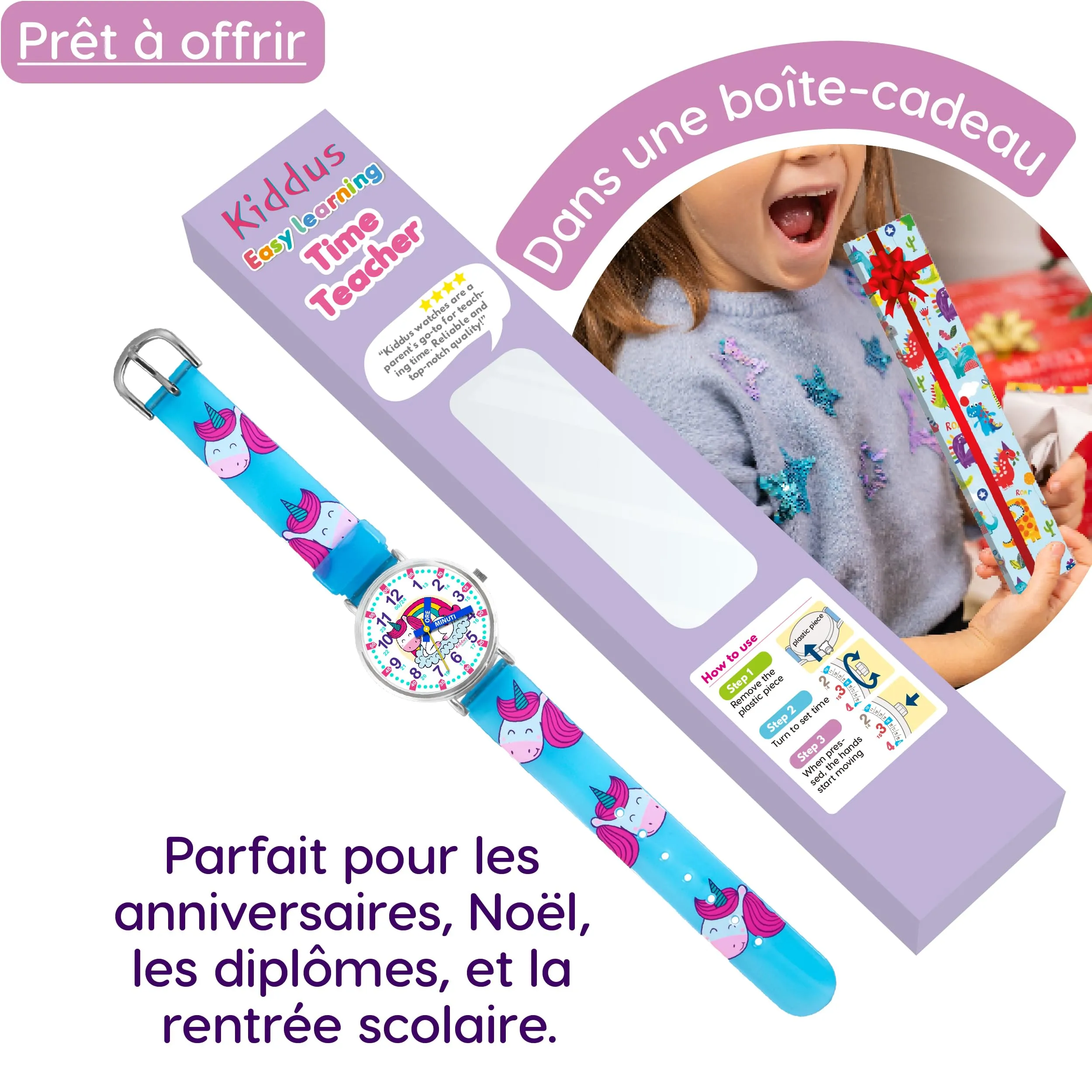 Kiddus Orologio Educativo Analogico per Bambini dai 5 ai 10 Anni, Movimento Giapponese - immagine 3