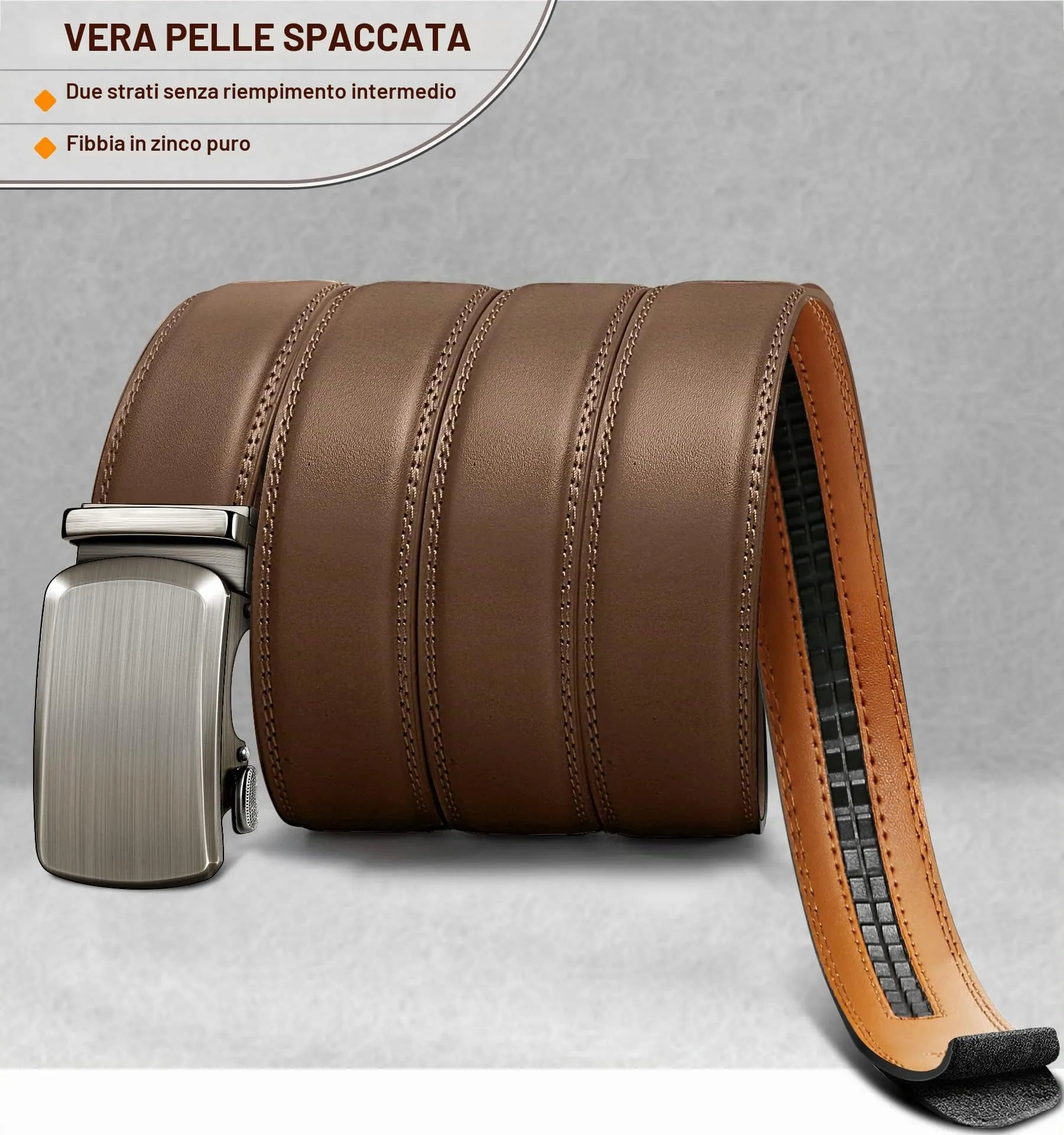BULLIANT Cintura Uomo in Pelle con Fibbia Automatica a Cricchetto 35mm, Fulvo2948, 130cm - immagine 3