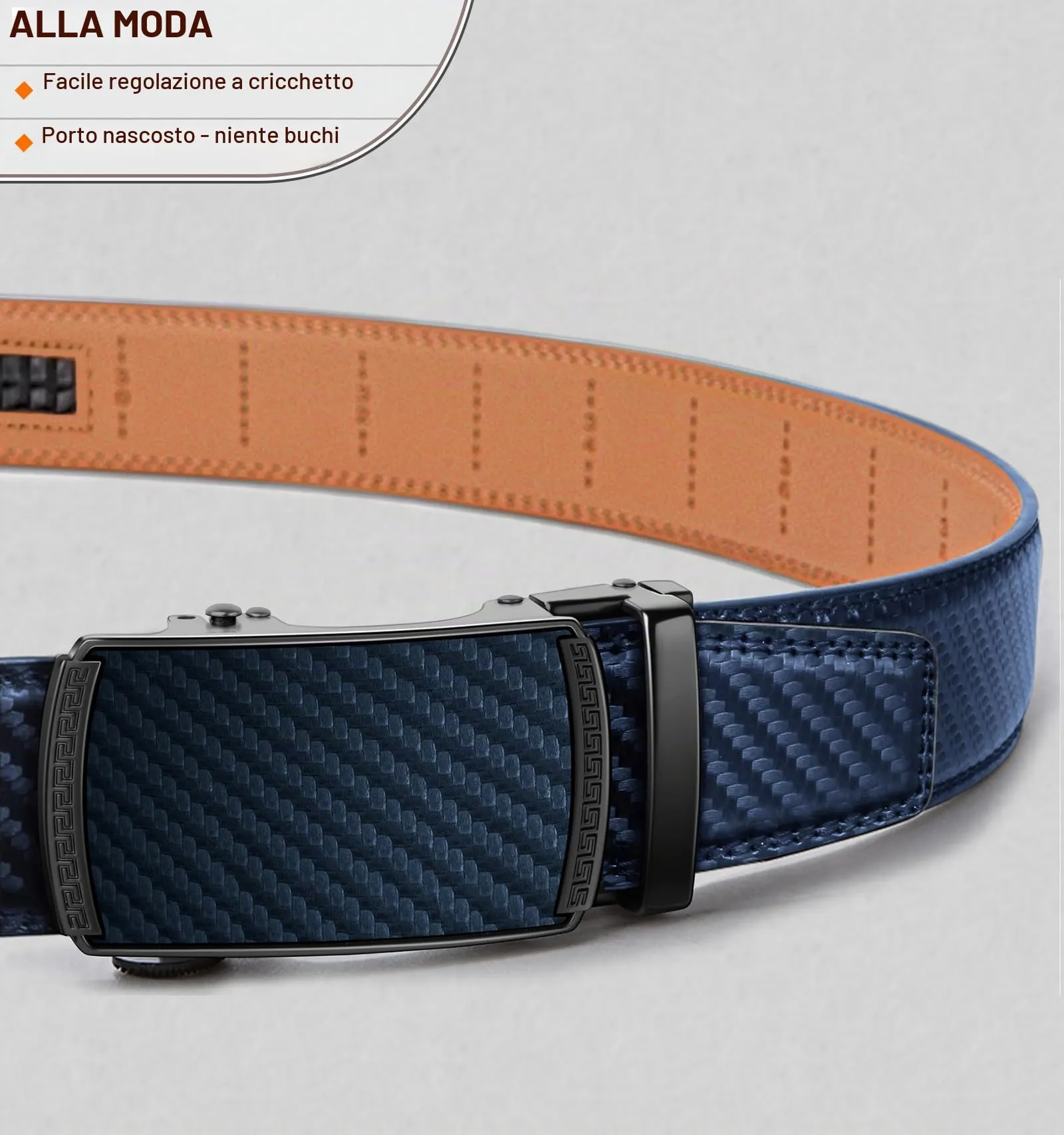 BULLIANT Cintura Uomo in Pelle con Fibbia Automatica a Cricchetto 35mm, Blu Navy, 120cm - immagine 2