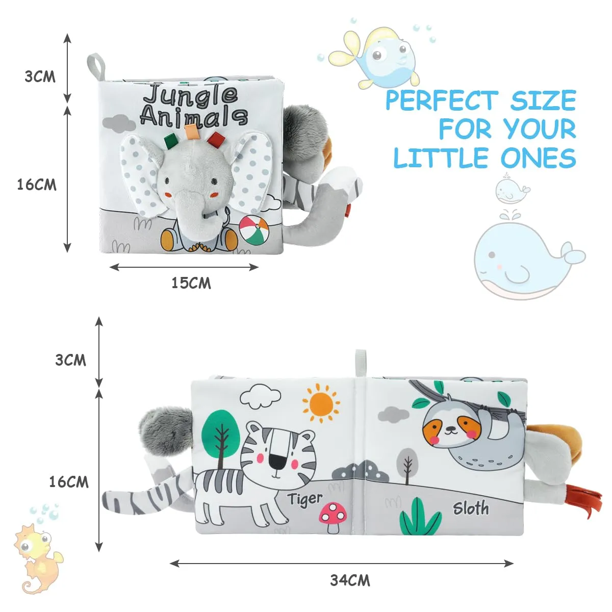 Vicloon Libro di Stoffa Interattivo per Bambini e Neonati, 4 Pagine, Sensoriale con Suono, Elefante - immagine 2