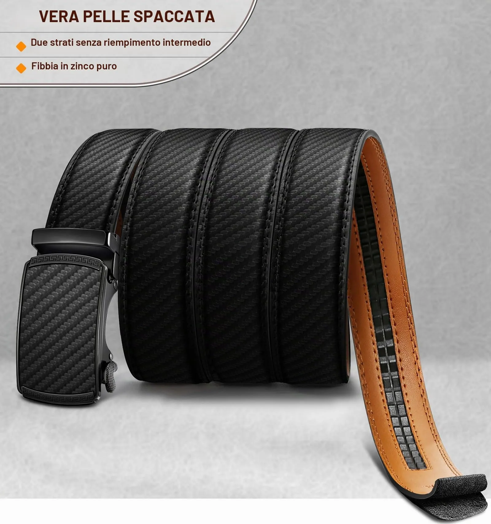 BULLIANT Cintura Uomo in Pelle con Fibbia Automatica a Cricchetto 35mm, Nero 2943, 130cm - immagine 3