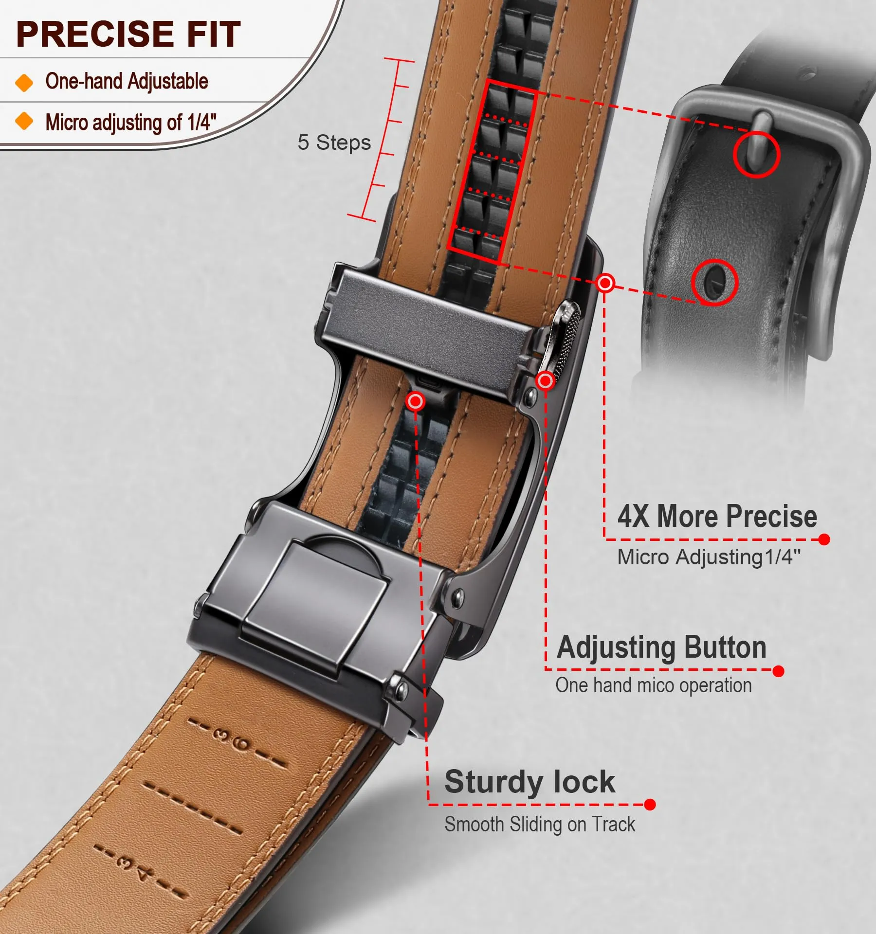 BULLIANT Cintura Uomo in Pelle con Fibbia Automatica a Cricchetto 35mm, Fulvo, 105cm - immagine 4