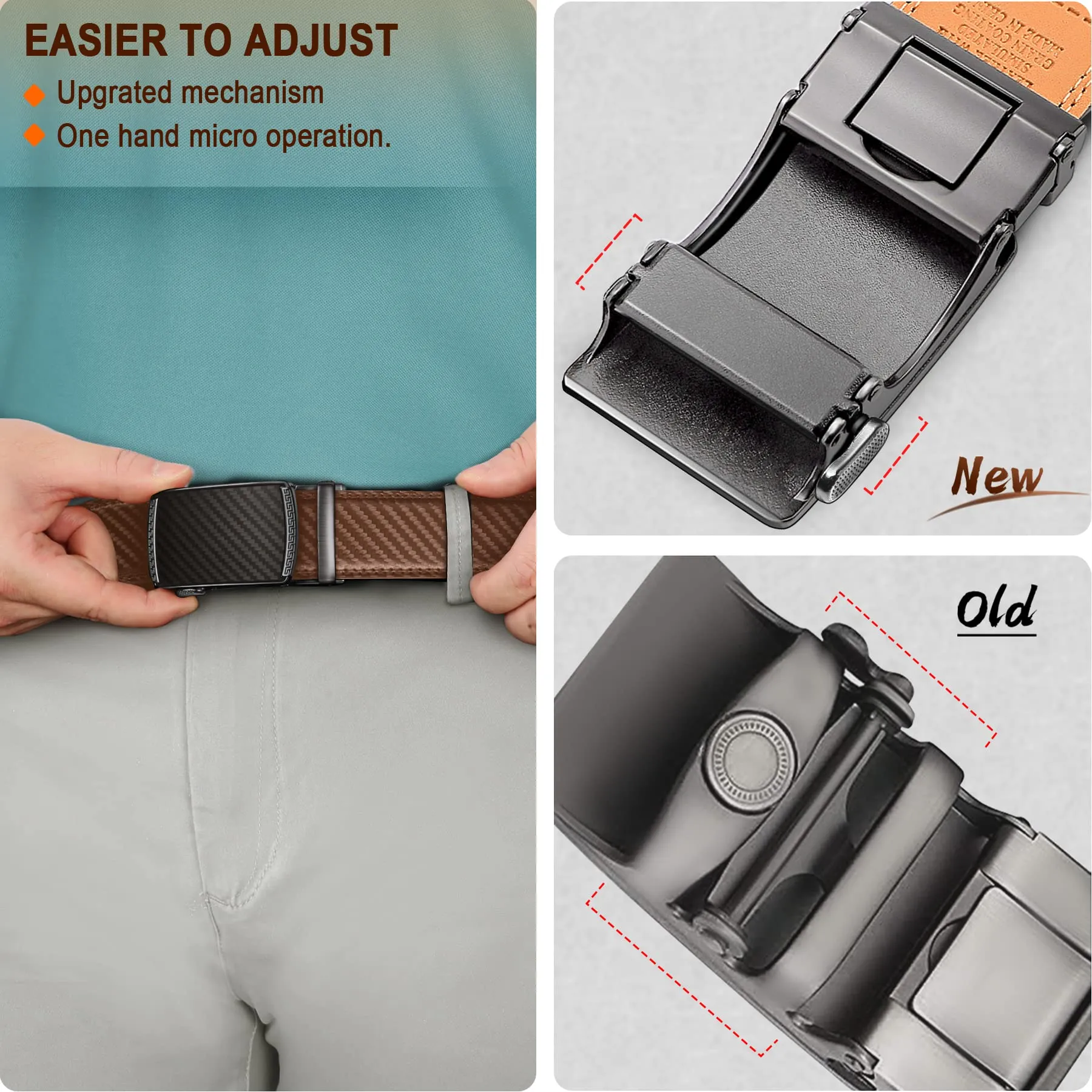 BULLIANT Cintura Uomo in Pelle con Fibbia Automatica a Cricchetto 35mm, Fulvo, 105cm - immagine 5