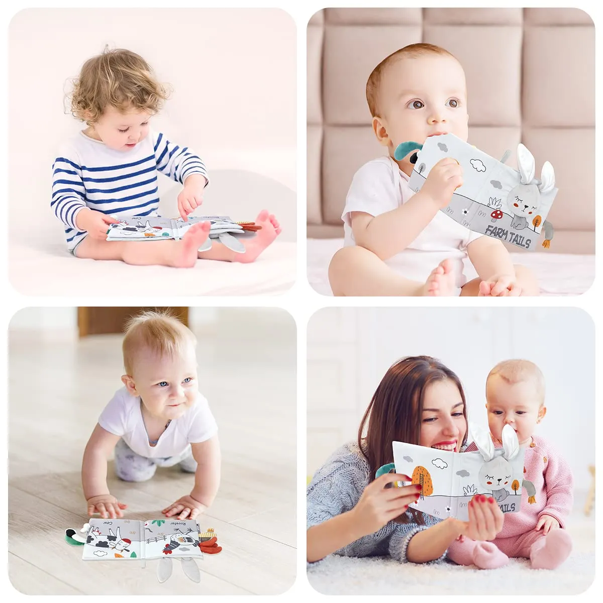 Vicloon Libro di Stoffa Interattivo per Bambini, Libri Sensoriali Educativi con Suono, Coniglio Grigio Chiaro - immagine 7