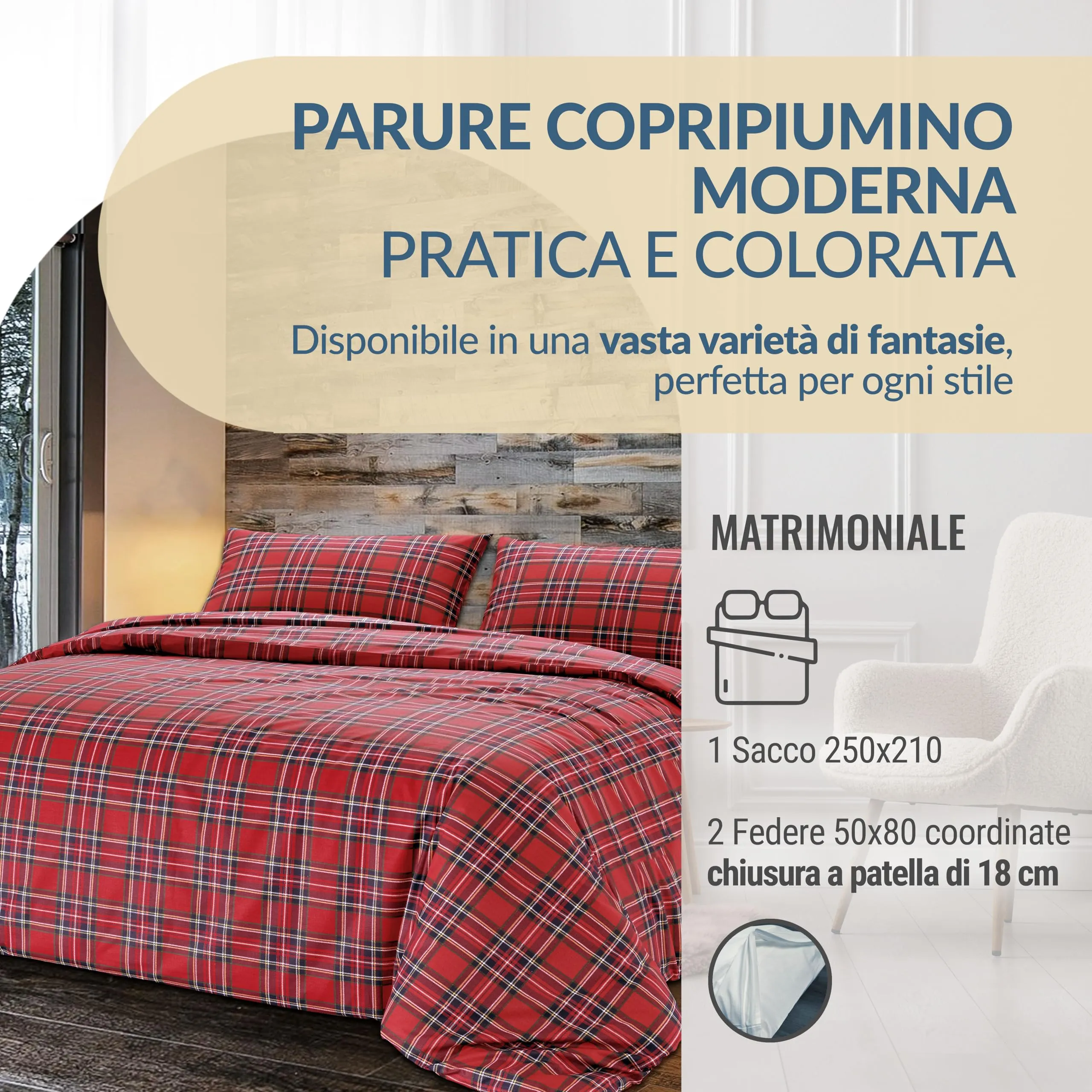 Dorian Home Copripiumino Matrimoniale in Cotone 250x210 cm con 2 Federe, Scozzese Rosso - immagine 2