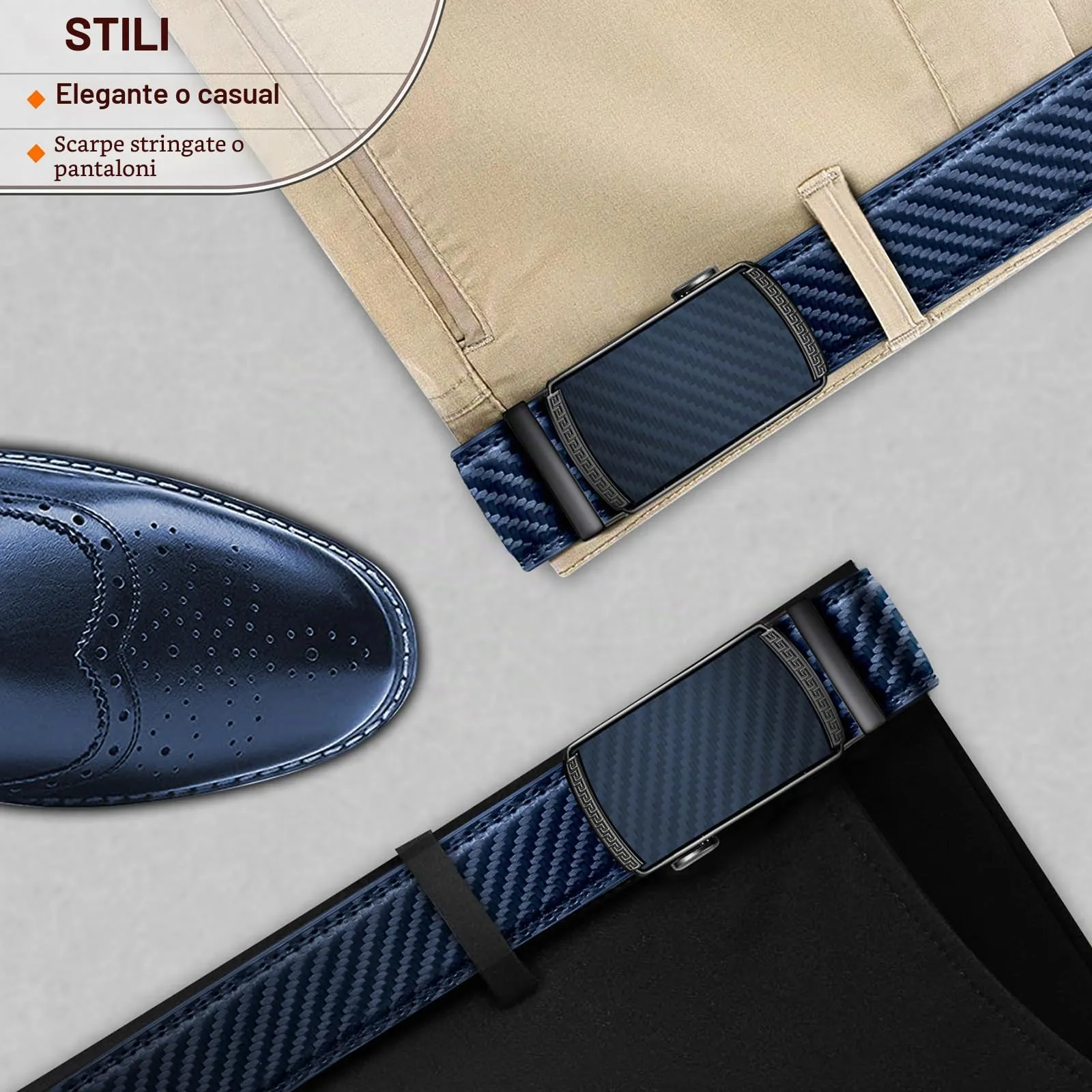 BULLIANT Cintura Uomo in Pelle con Fibbia Automatica a Cricchetto 35mm, Blu Navy, 160cm - immagine 9