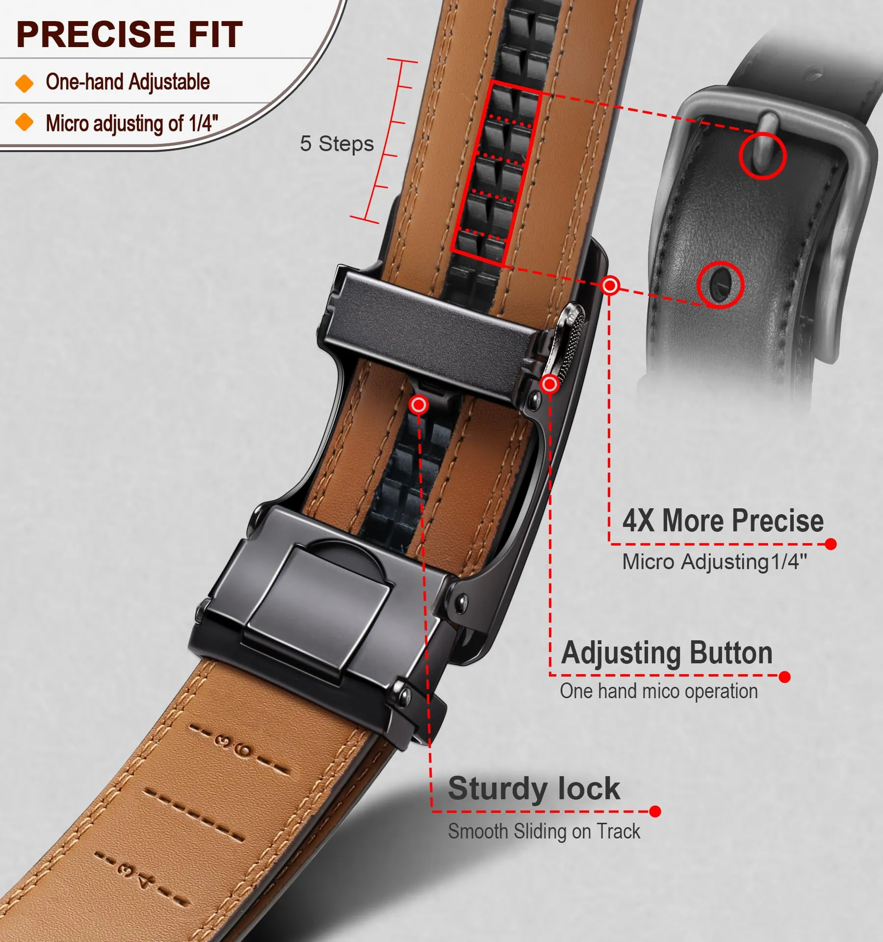 BULLIANT Cintura Uomo in Pelle con Fibbia Automatica a Cricchetto 35mm, Nero 2943, 110cm - immagine 4