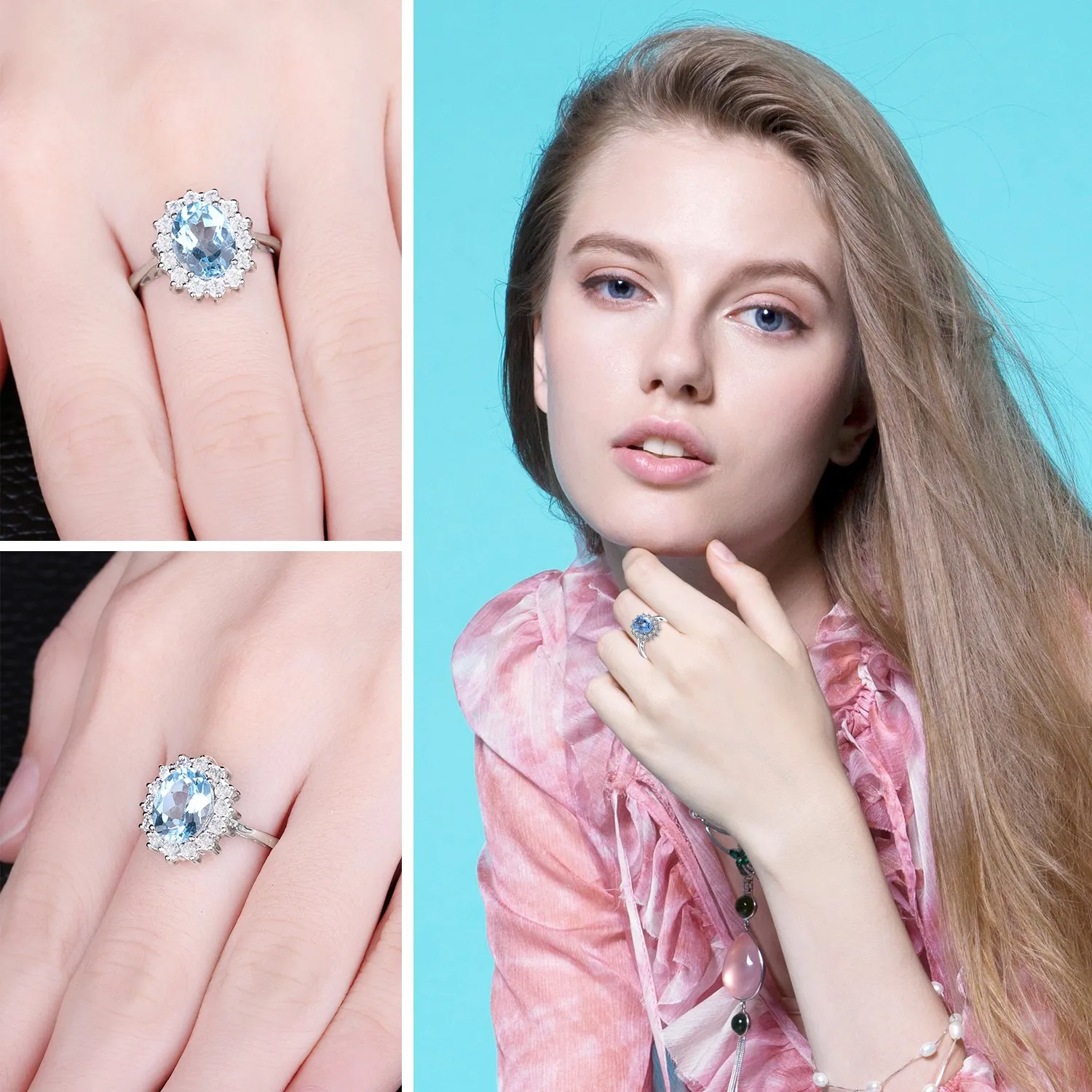 JewelryPalace Anello Halo Donna Argento 925 con Topazio Azzurro Naturale e Zirconi, Taglia 13 - immagine 4