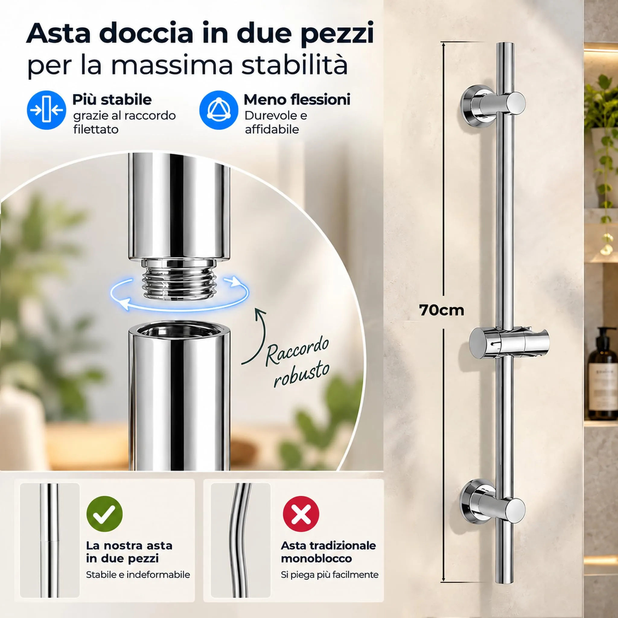 Görbach Colonna Doccia in Acciaio Inox 70 cm con Mensola e Supporto Regolabile, Cromo - immagine 3