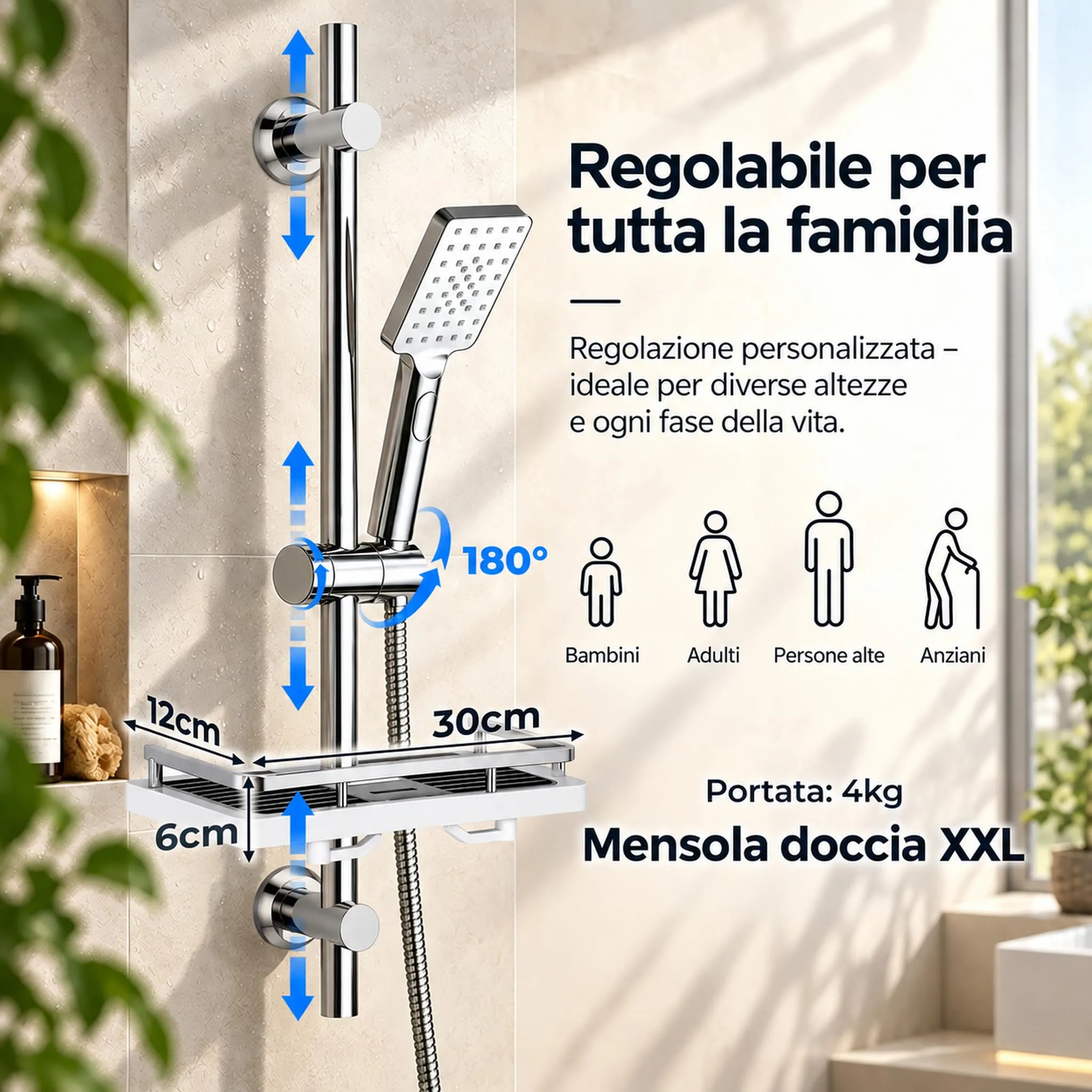 Görbach Colonna Doccia in Acciaio Inox 70 cm con Mensola e Supporto Regolabile, Cromo - immagine 4