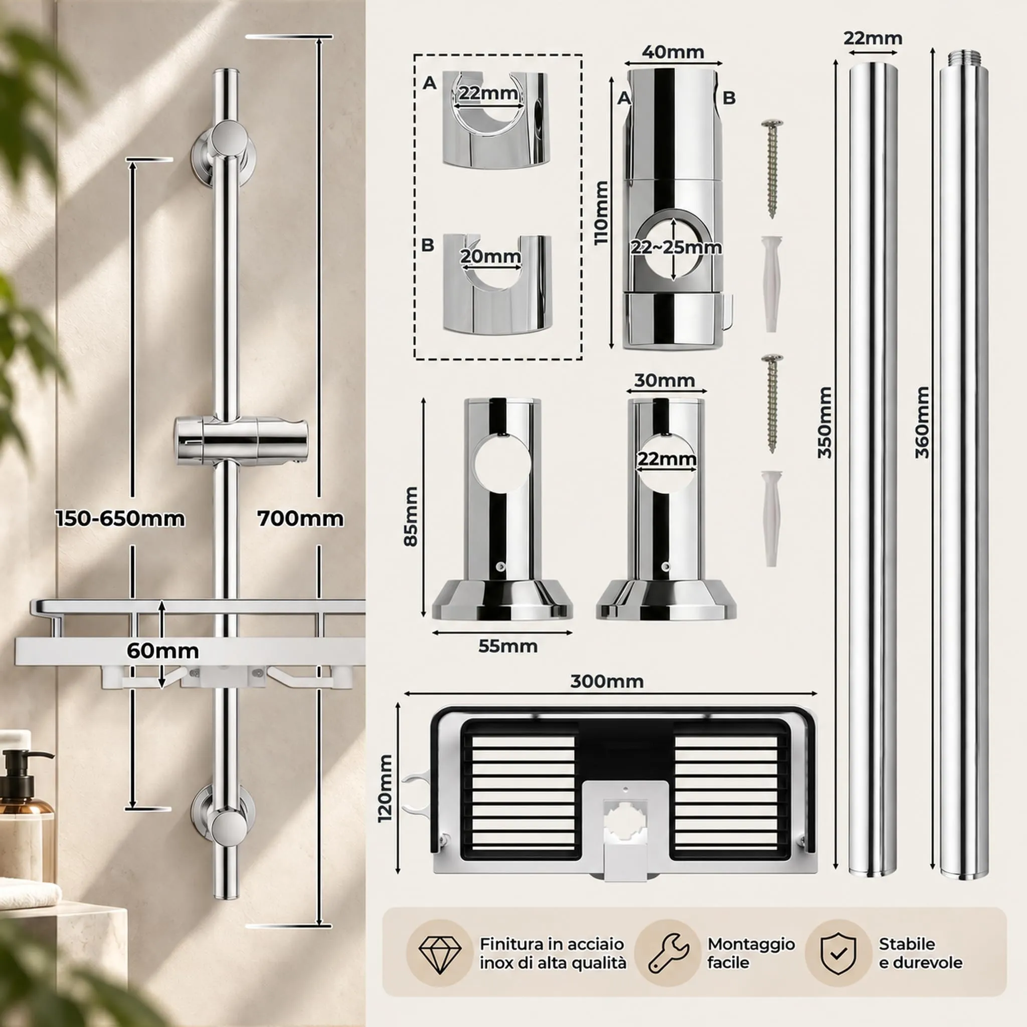 Görbach Colonna Doccia in Acciaio Inox 70 cm con Mensola e Supporto Regolabile, Cromo - immagine 6
