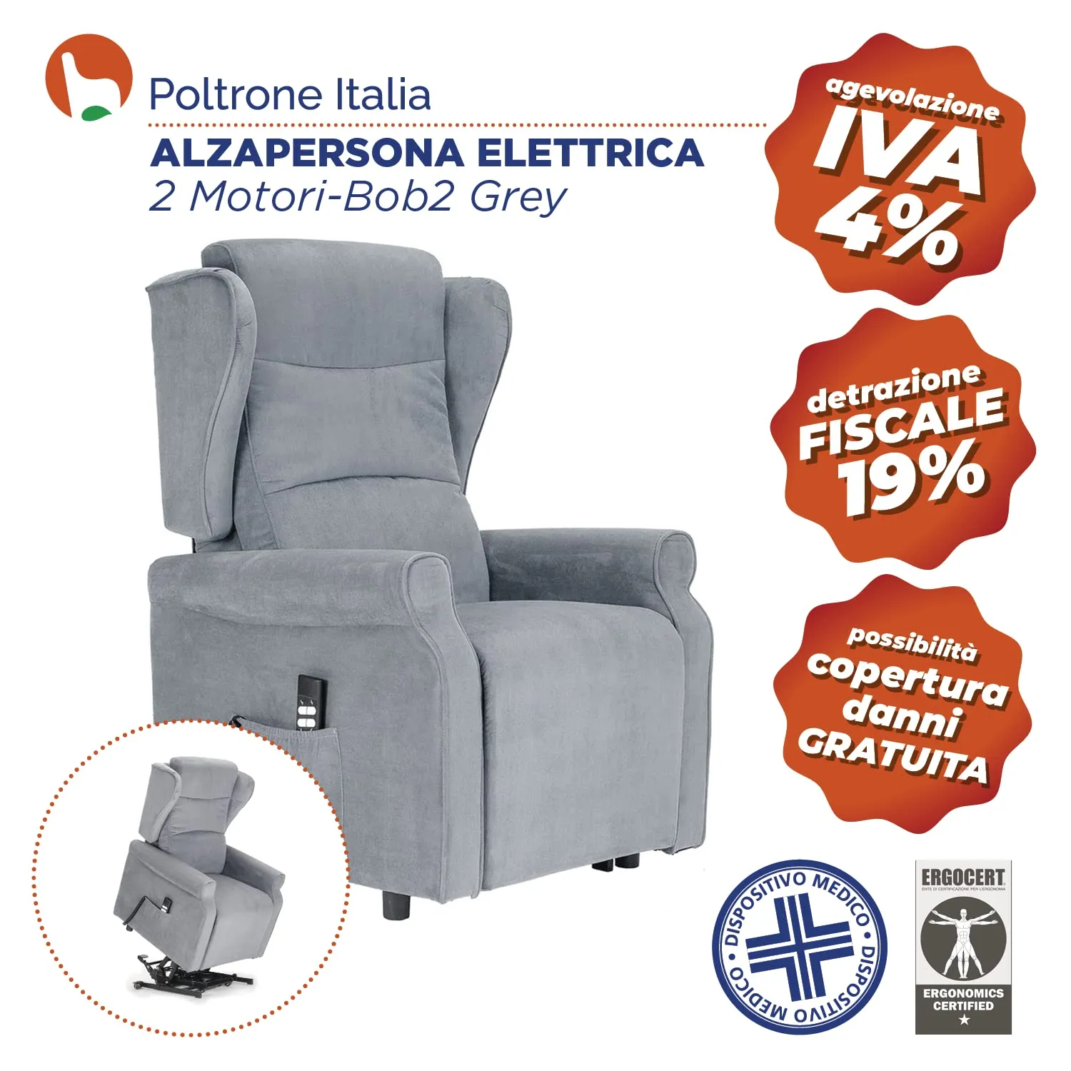 Poltrone Italia Poltrona Alzapersona Elettrica Zero Gravity 2 Motori con Carrello Retrattile, Grigio Chiaro - immagine 4