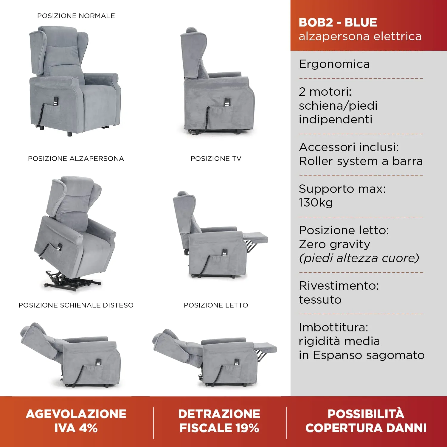 Poltrone Italia Poltrona Alzapersona Elettrica Zero Gravity 2 Motori con Carrello Retrattile, Grigio Chiaro - immagine 6