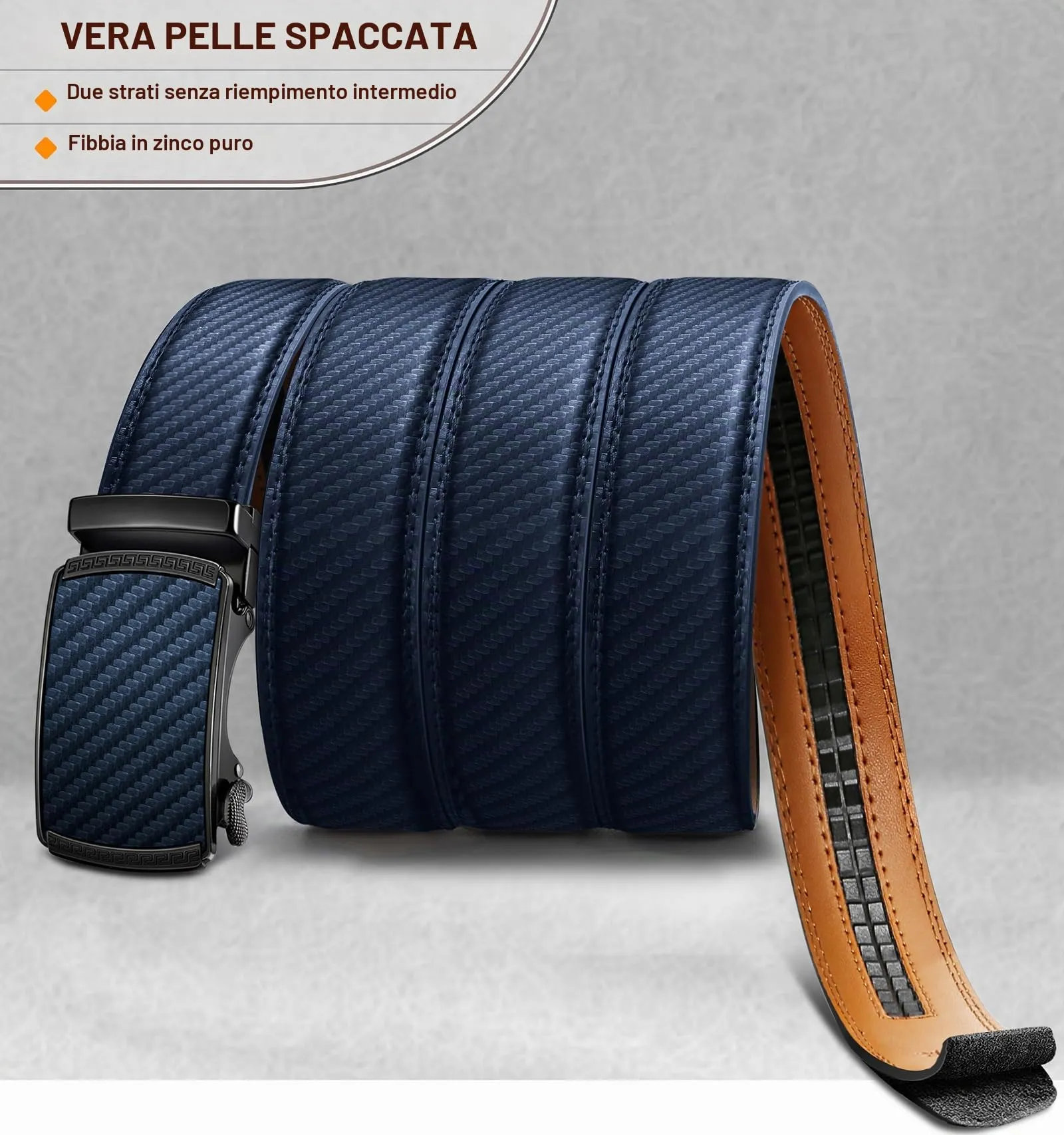BULLIANT Cintura Uomo in Pelle con Fibbia Automatica a Cricchetto 35mm, Blu Navy, 140cm - immagine 3