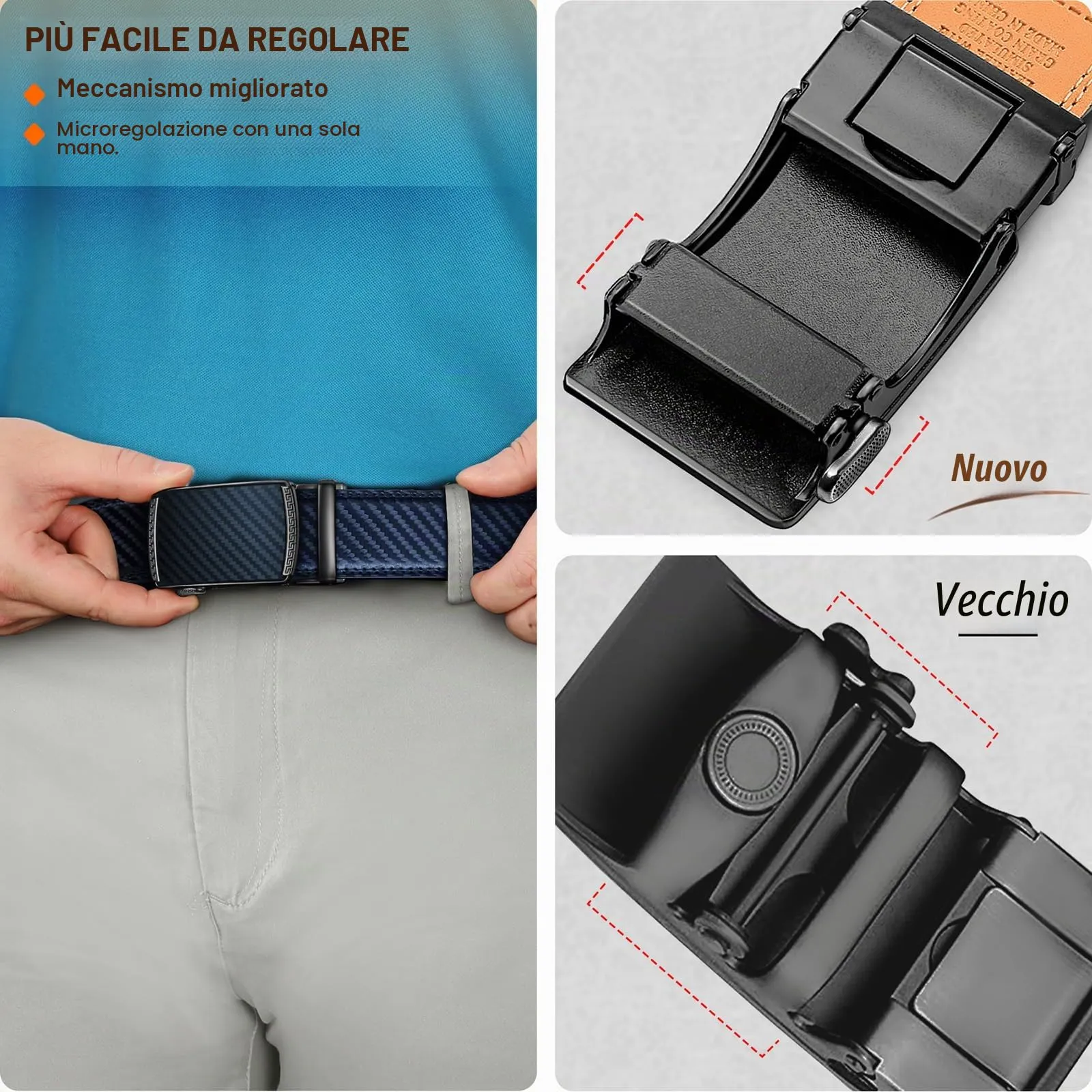 BULLIANT Cintura Uomo in Pelle con Fibbia Automatica a Cricchetto 35mm, Blu Navy, 140cm - immagine 5