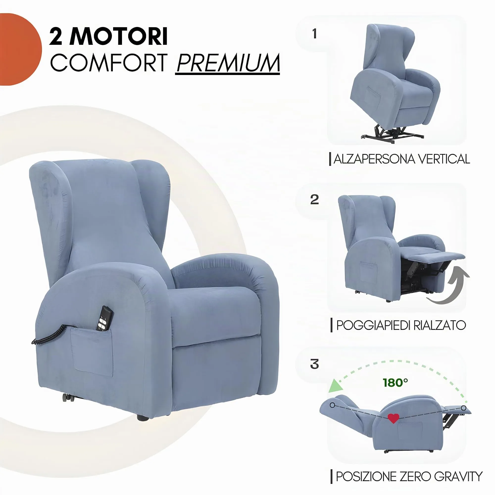 Poltrone Italia Irene2 Poltrona Relax Elettrica 2 Motori Zero Gravity Alzapersona in Microfibra, Azzurro - immagine 3