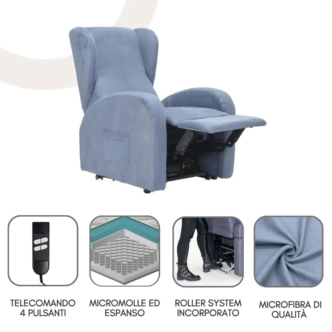 Poltrone Italia Irene2 Poltrona Relax Elettrica 2 Motori Zero Gravity Alzapersona in Microfibra, Azzurro - immagine 4