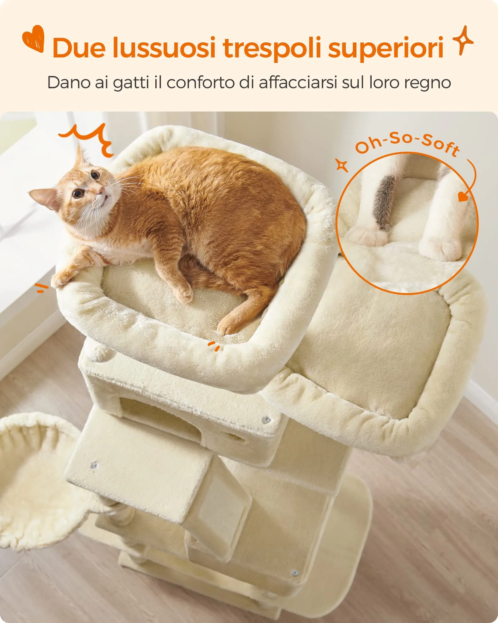 Feandrea Albero per Gatti XXL, 206 cm, con 13 Graffiatoi, 2 Posatoi, 2 Grotte, Cesto e Pompon, Beige PCT190M01 - immagine 4