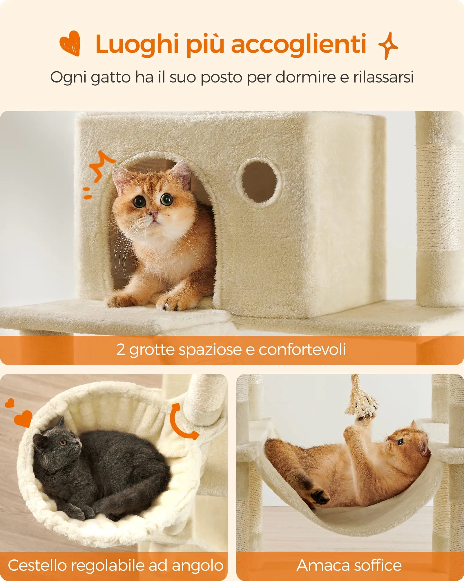 Feandrea Albero per Gatti XXL, 206 cm, con 13 Graffiatoi, 2 Posatoi, 2 Grotte, Cesto e Pompon, Beige PCT190M01 - immagine 5