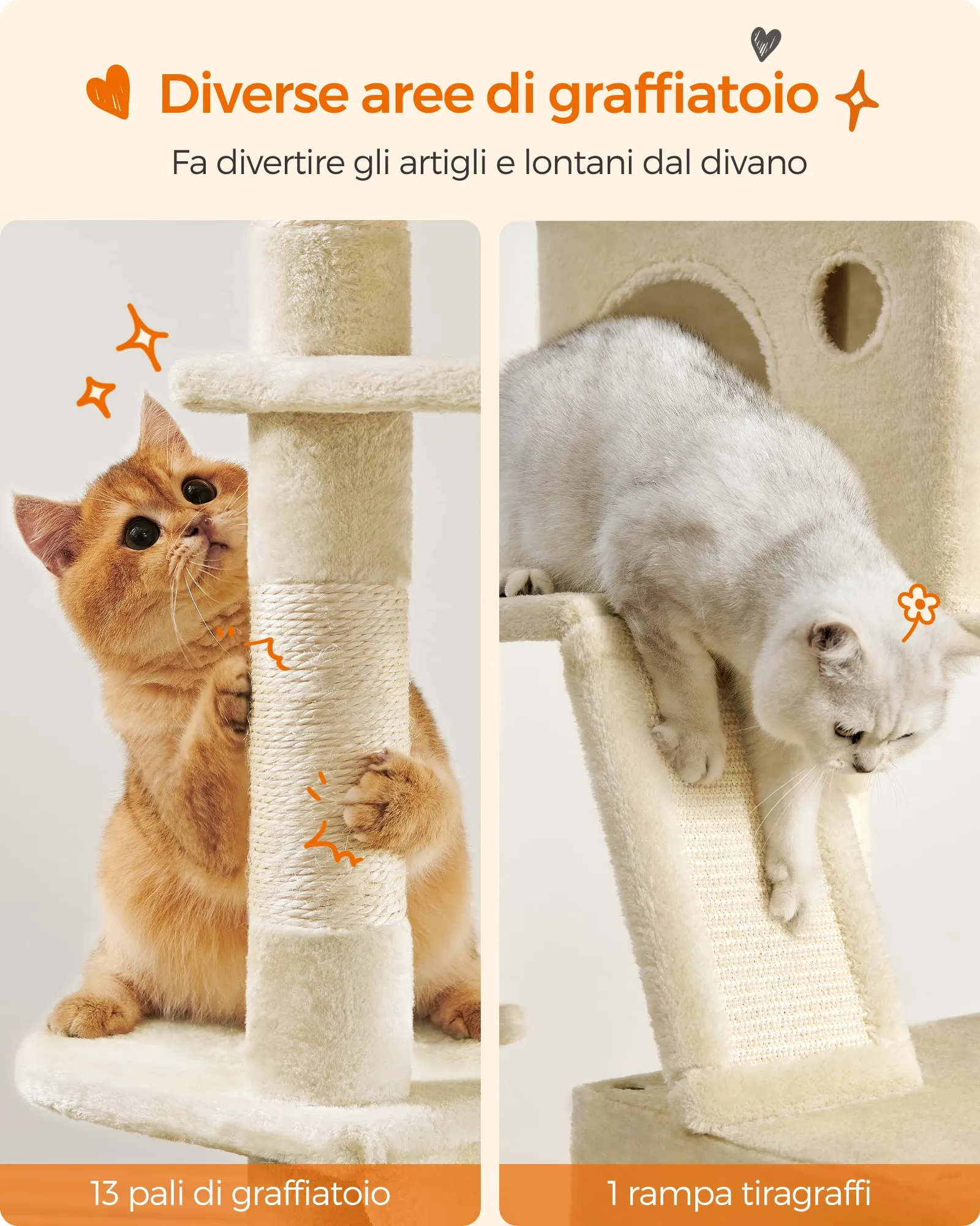 Feandrea Albero per Gatti XXL, 206 cm, con 13 Graffiatoi, 2 Posatoi, 2 Grotte, Cesto e Pompon, Beige PCT190M01 - immagine 6