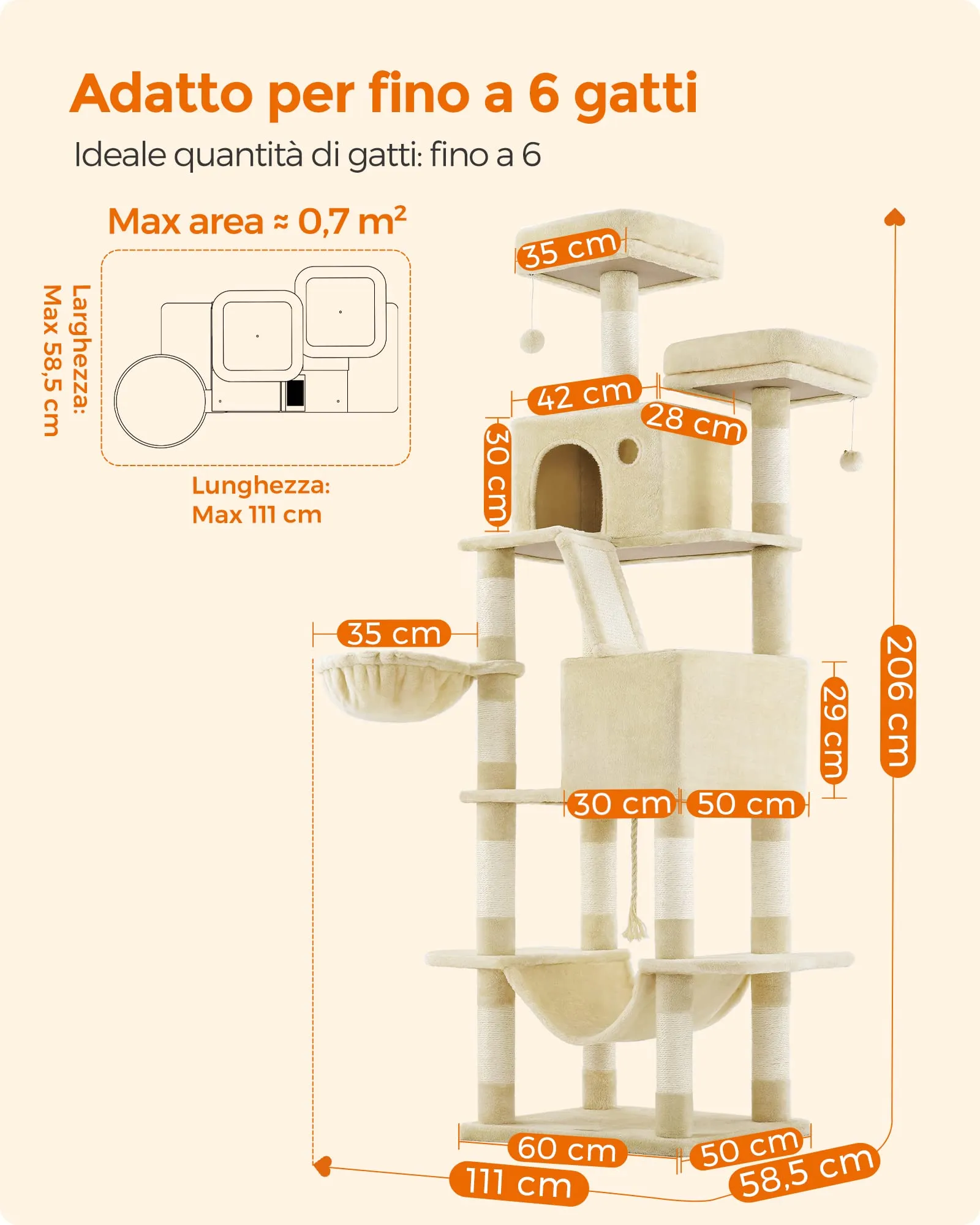 Feandrea Albero per Gatti XXL, 206 cm, con 13 Graffiatoi, 2 Posatoi, 2 Grotte, Cesto e Pompon, Beige PCT190M01 - immagine 7
