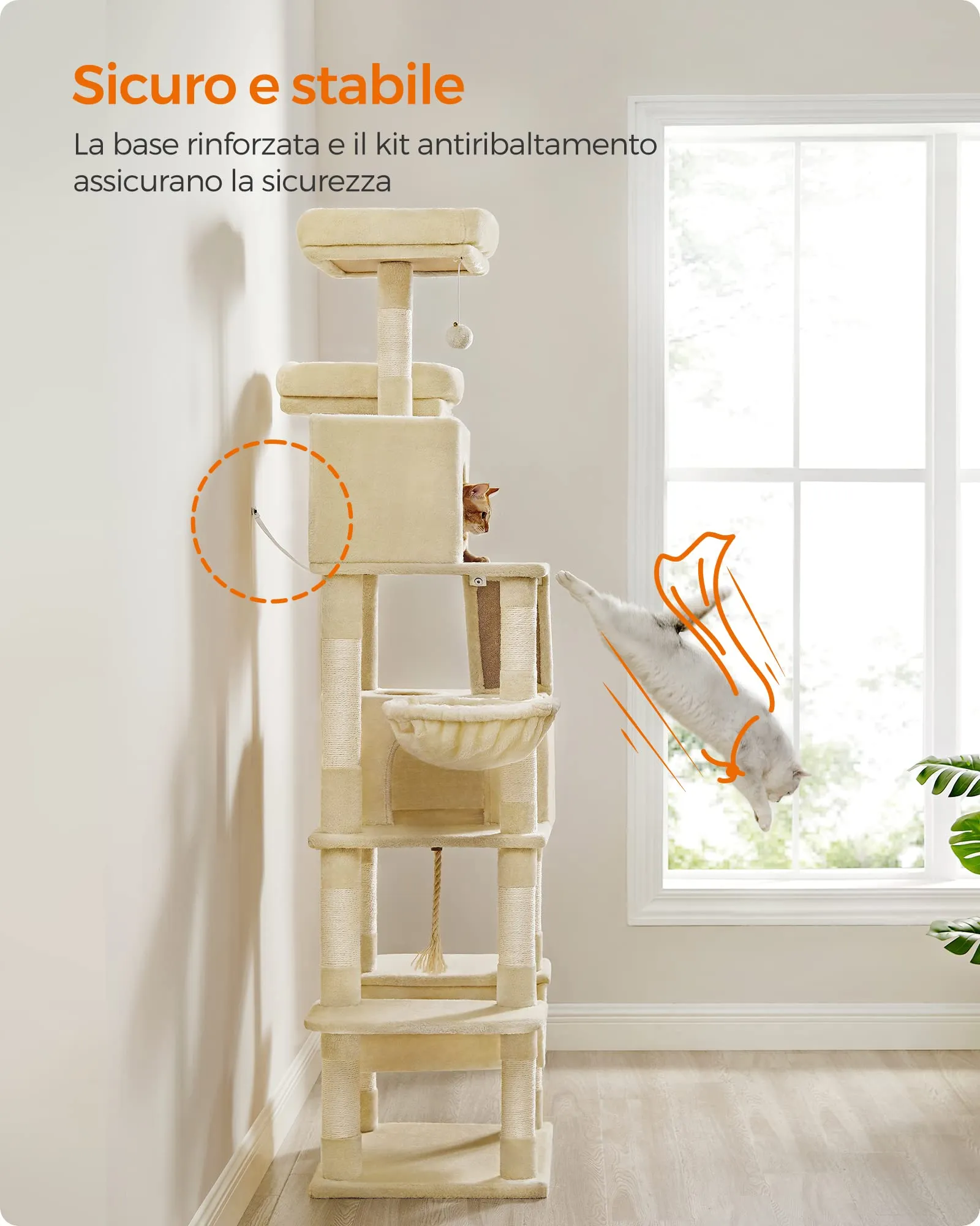 Feandrea Albero per Gatti XXL, 206 cm, con 13 Graffiatoi, 2 Posatoi, 2 Grotte, Cesto e Pompon, Beige PCT190M01 - immagine 8