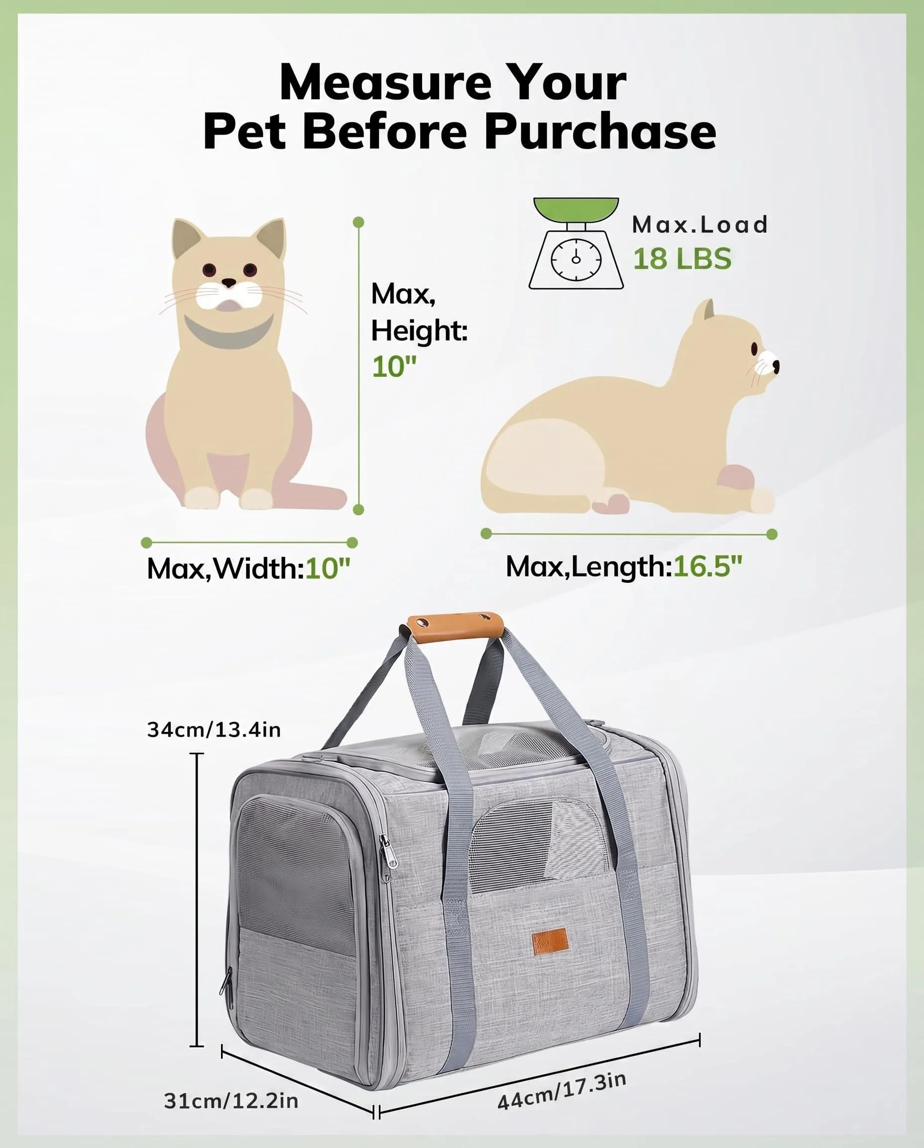 Morpilot Trasportino per gatti e cani fino a 7 kg, pieghevole, 44x31x34cm, Grigio chiaro (M) - immagine 6
