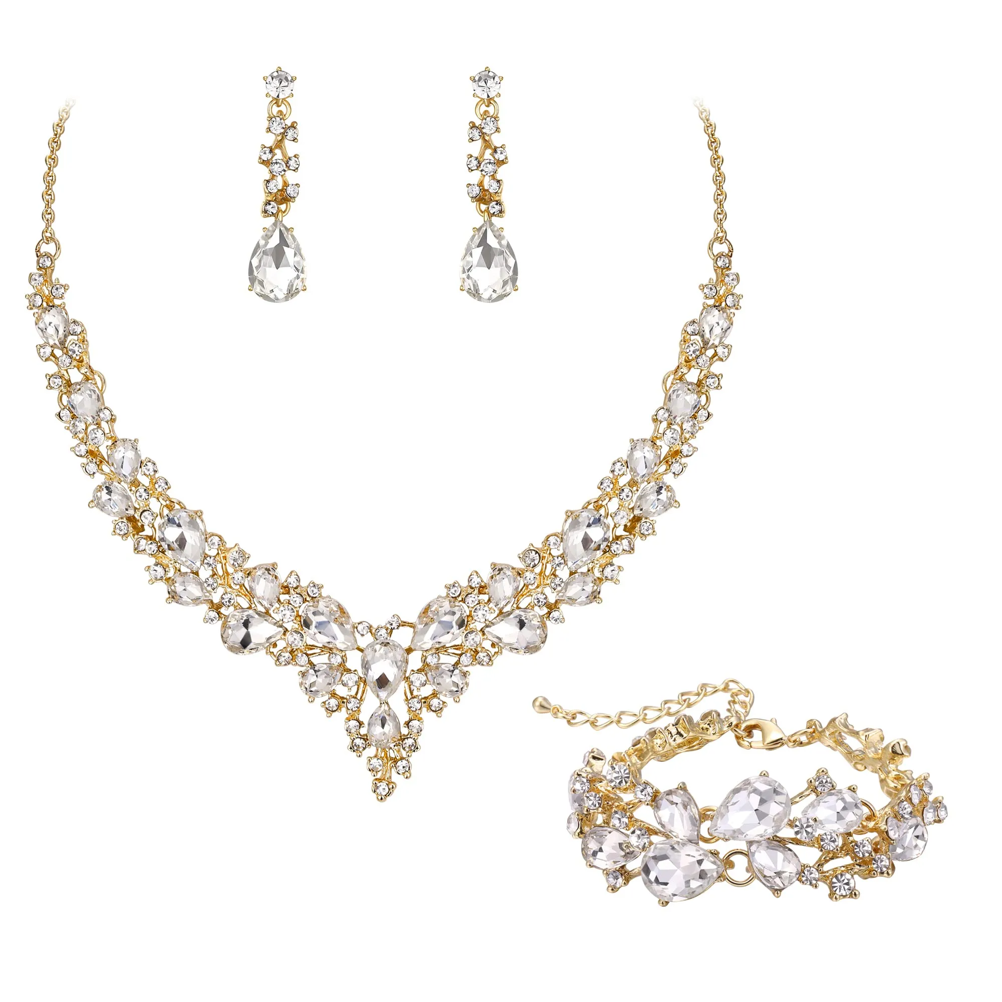 EVER FAITH Set Gioielli da Sposa con Cristalli Goccia Austriaci, Collana, Orecchini Pendenti e Bracciale, Oro Fondo Trasparente - immagine 1